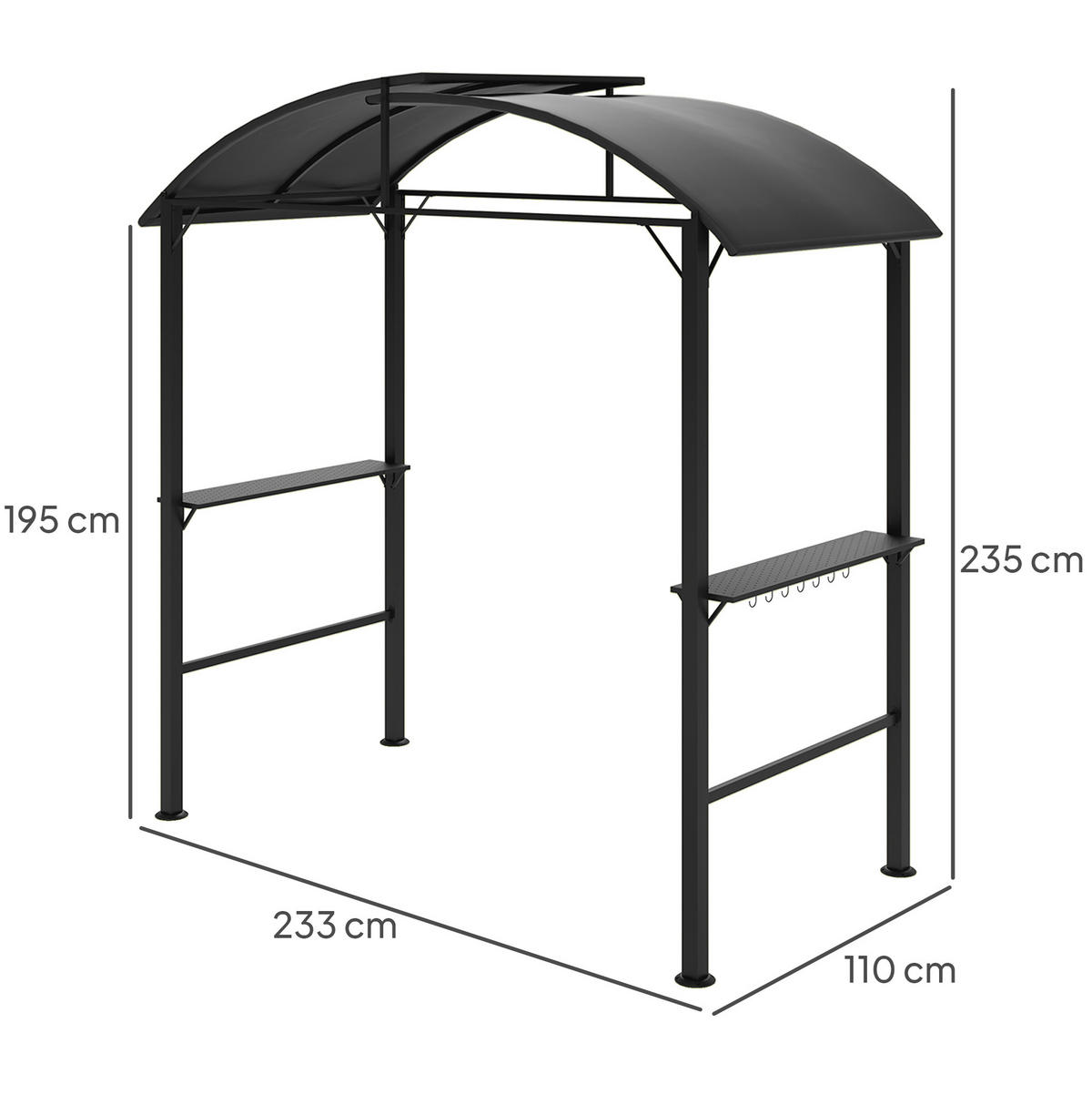 GRILOVACÍ altán 233/110/235 cm tmavě šedý ze oceli s dvojitou střechou a policemi - tmavě šedá, kov (233/235/110cm) - OKWISH