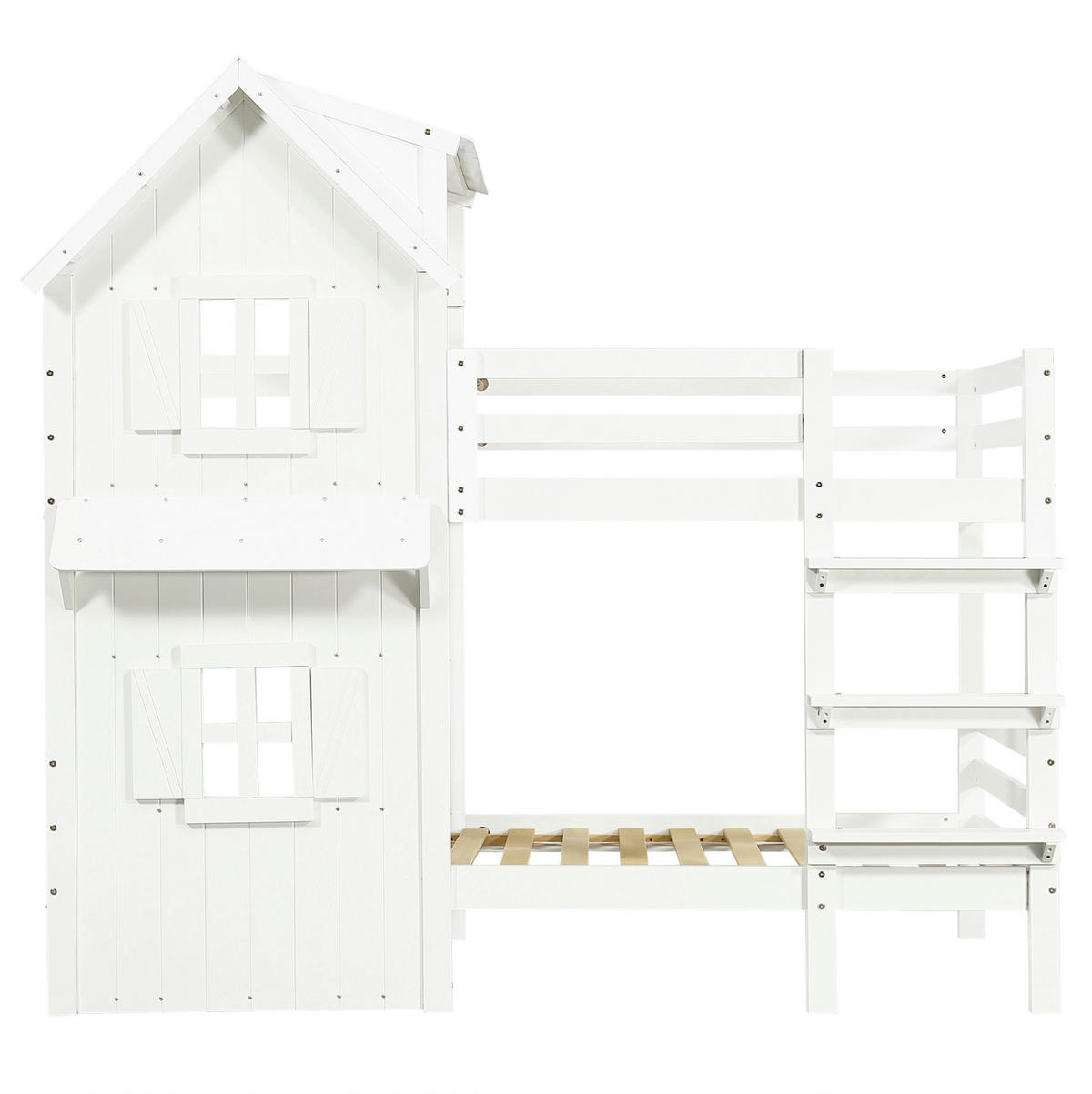 DOMČEKOVÁ posteľ z masívu a MDF, 90/200 cm biela, s oknami, strieškou a rebríkom - biela, kompozitné drevo (90/200cm) - BEAOK