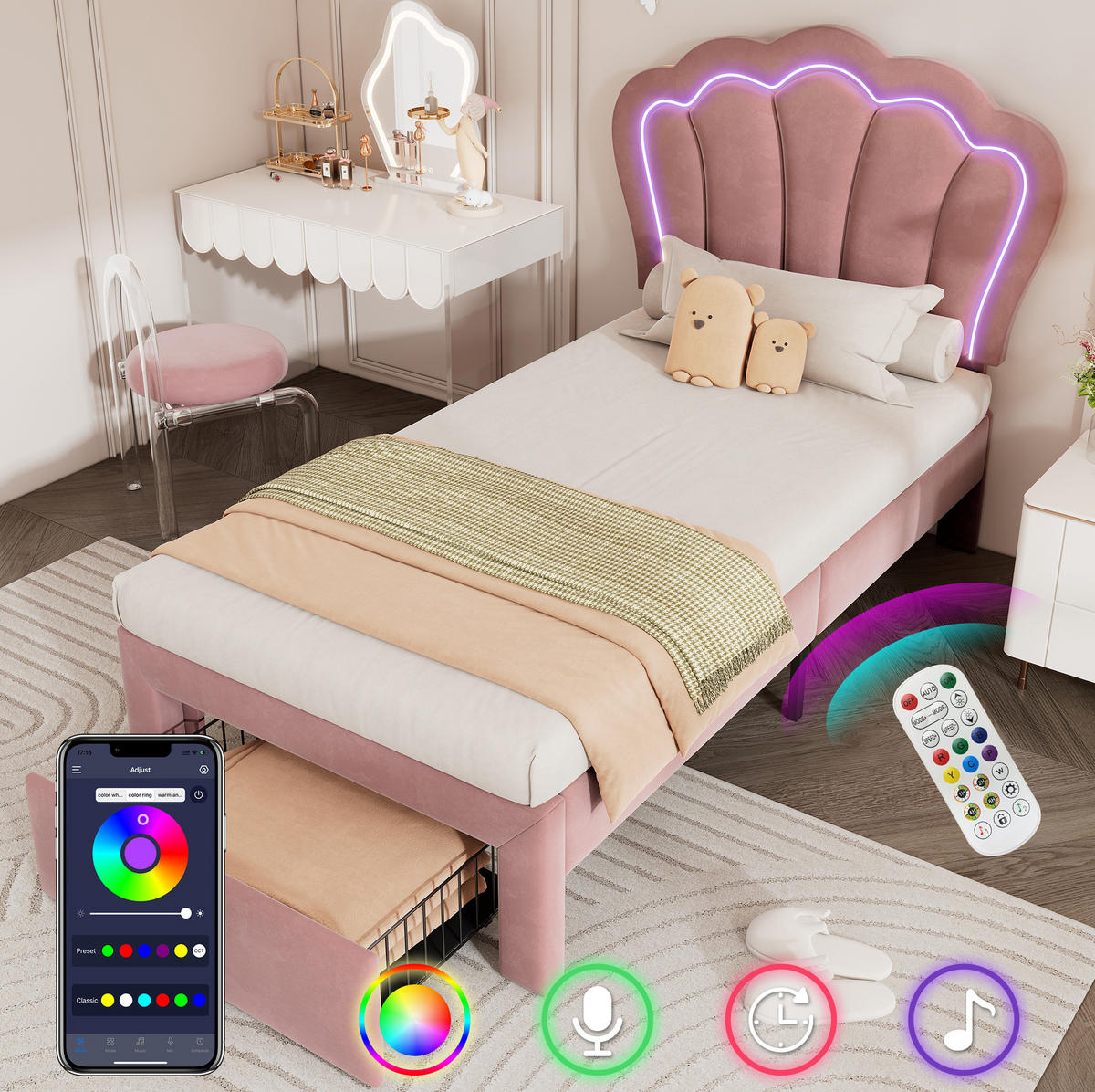 JUGENDBETT 90/190 cm Rosa aus Samt mit LED und Schublade - Rosa, Textil (90/190cm) - OKMYHOME
