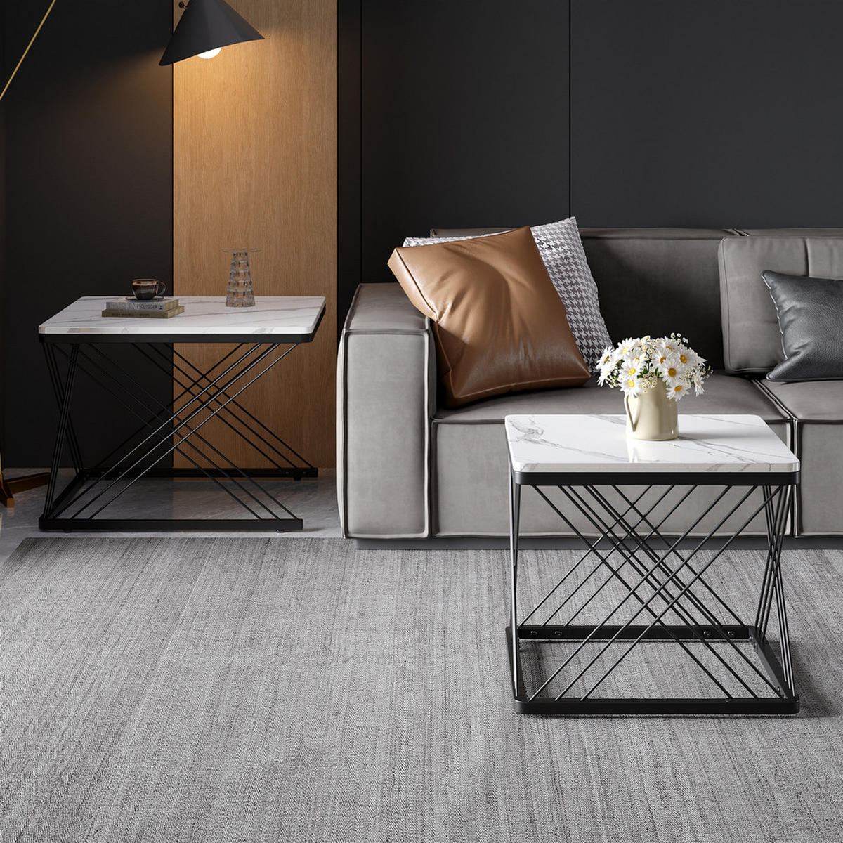 COUCHTISCH Set 2-tlg Quadratisch Hochglanz Marmoroptik Höhenverstellbar 30kg - Weiß, Holz (81.99/70/17.5cm) - FLIEKS