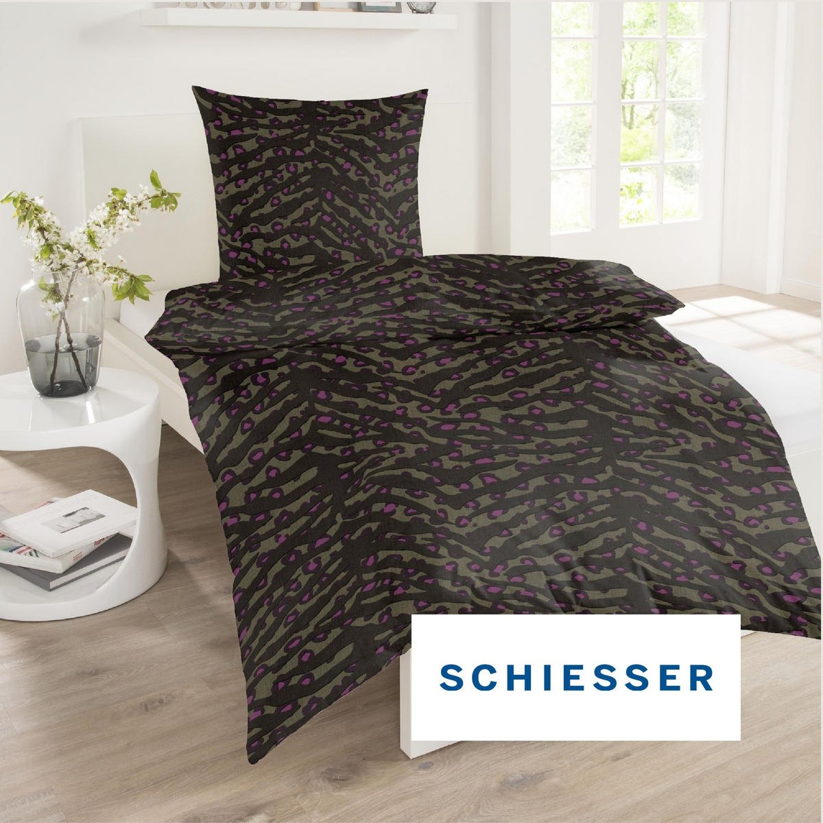 BETTWÄSCHESET Roan - Baumwollsatin - 2-teilig - 135x200 cm - Schwarz-Oliv - Olivgrün, Textil (135/200cm) - SCHIESSER
