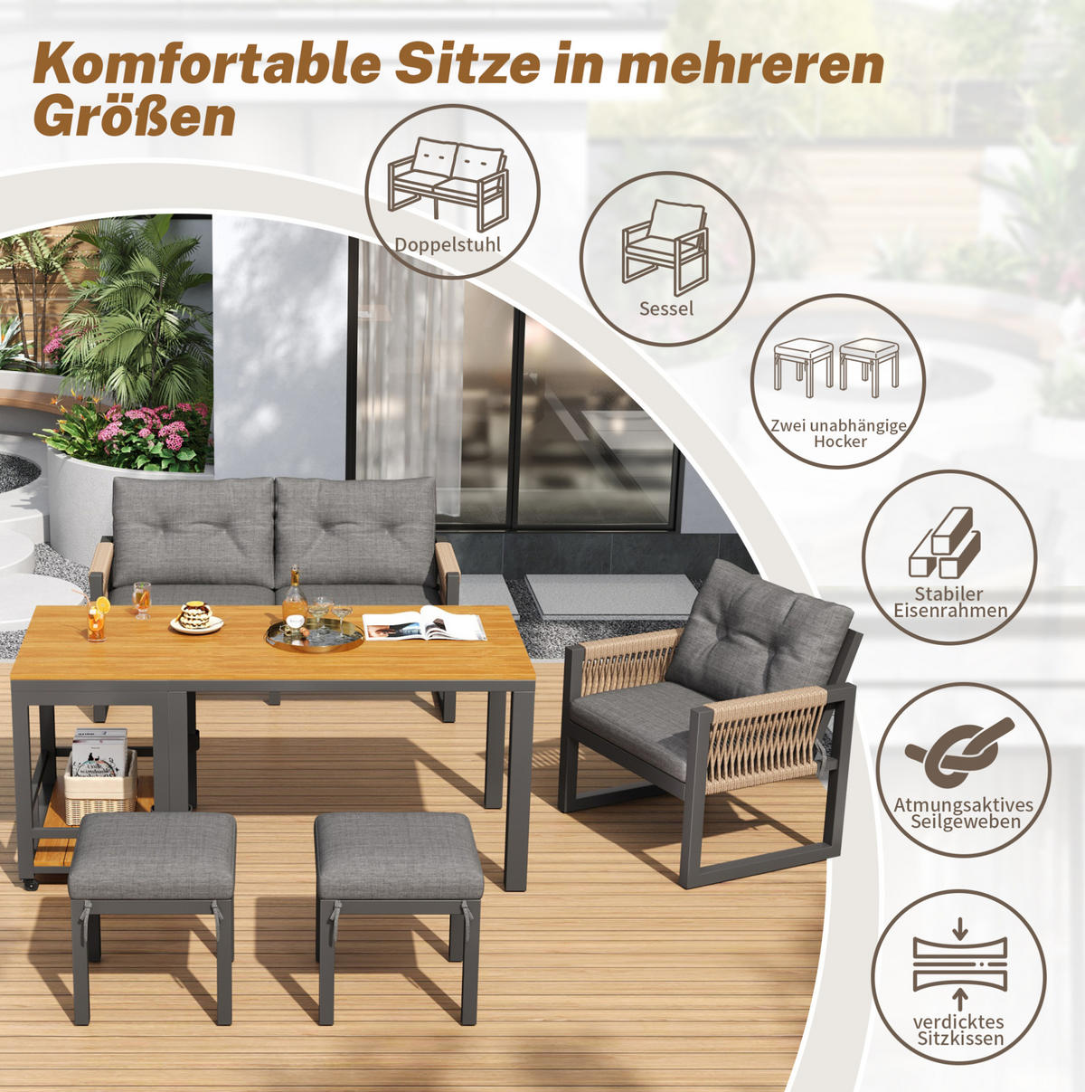 LOUNGEGARNITUR 150/79,5/75 cm Grau/Natur aus Eisen mit abnehmbarem Tisch 6er Set - Grau, Metall - OKMYHOME