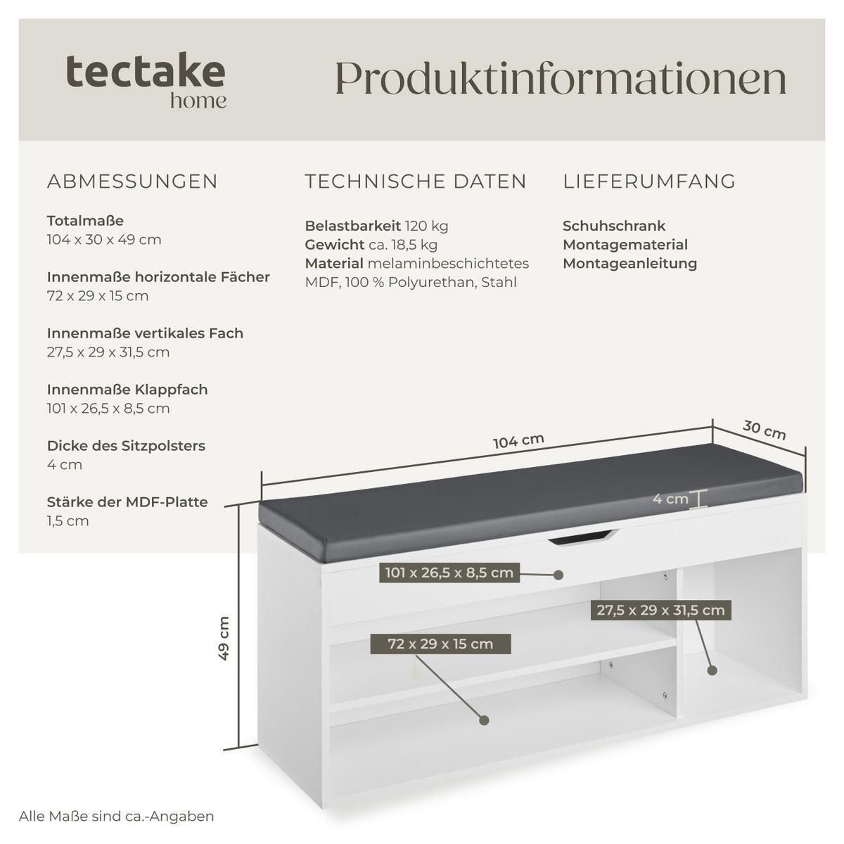 SCHUHBANK Natalya,104 x 30 x 49 cm,weiß - Weiß, Holz (30/49/104cm) - tectake
