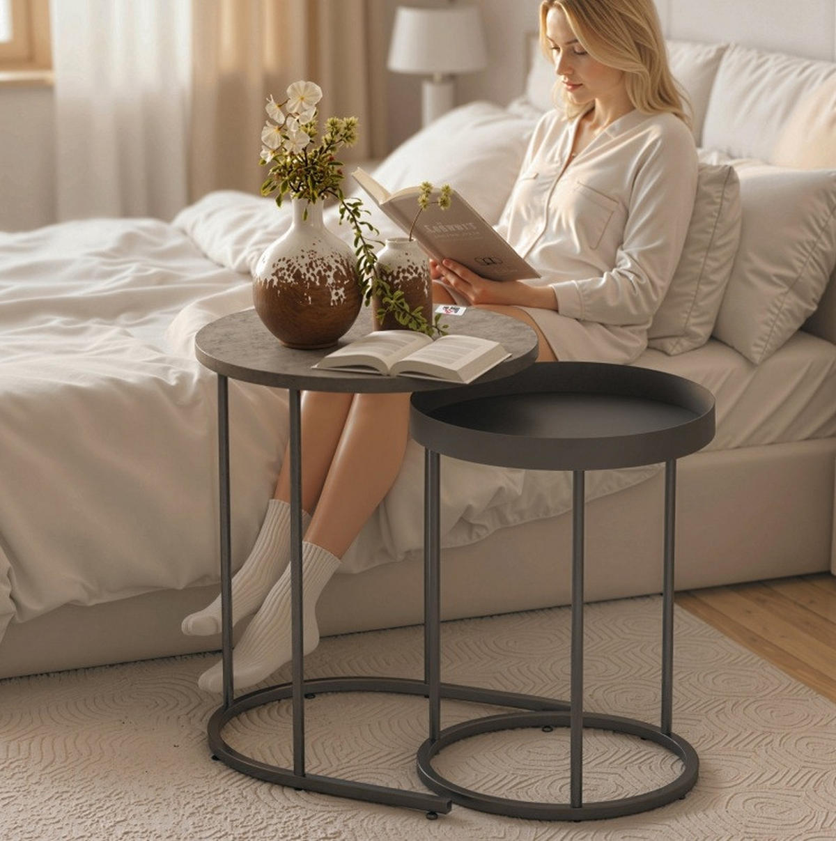 COUCHTISCH-SET 2-teilig 42/36,5 cm mit Ablagekante in Grau/Schwarz - Grau, Metall (42/42/54cm) - BEAOK