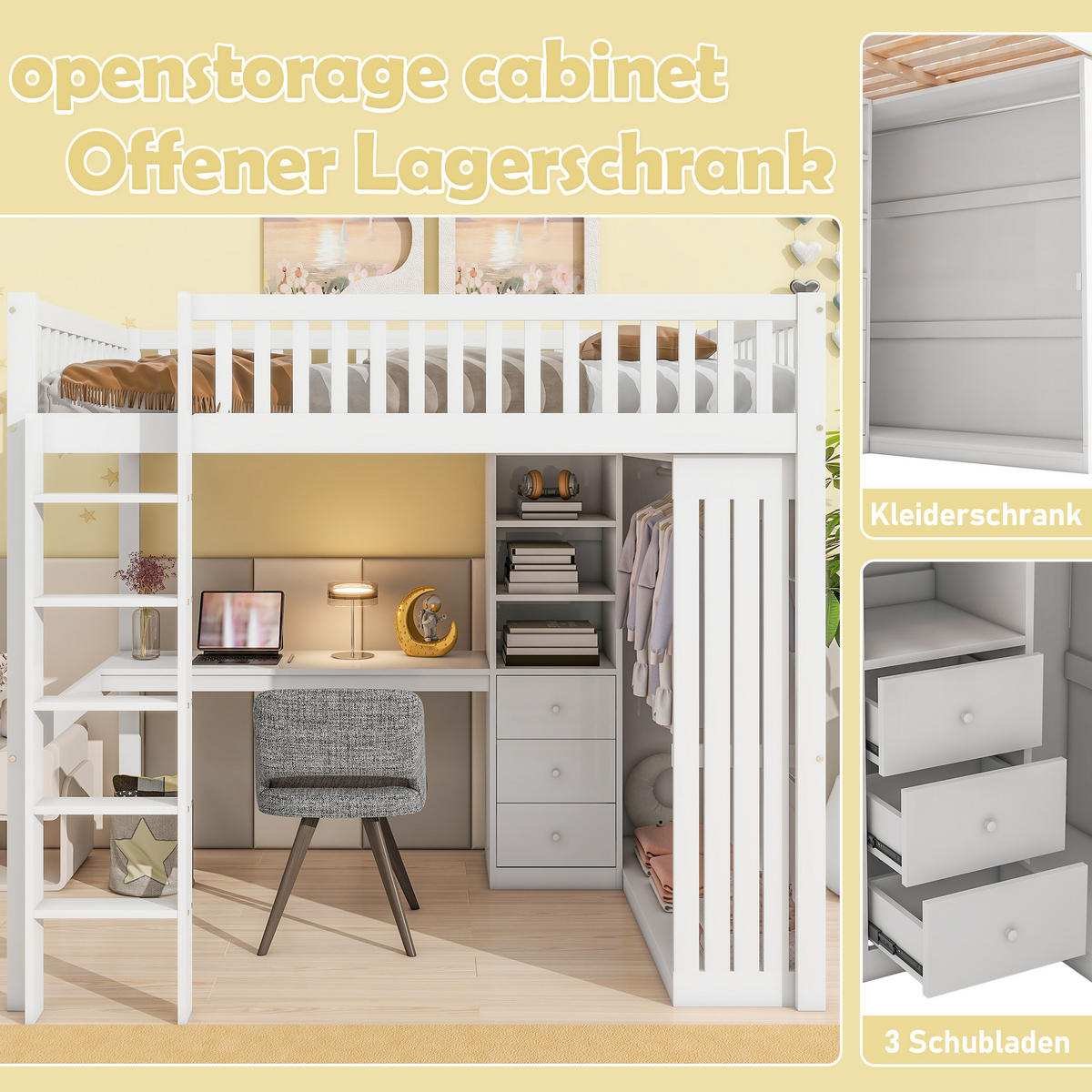 HOCHBETT 140x200cm Weiß Holz Schreibtisch Kleiderschrank 3 Schubladen - Weiß, Holz (140/200cm) - FLIEKS