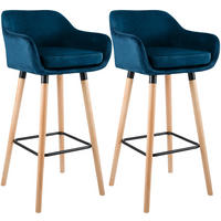 BARHOCKER 2er Set Samt Blau - Blau/Eukalyptusholzfarben, Holz/Textil (55/99/46cm) - CLP