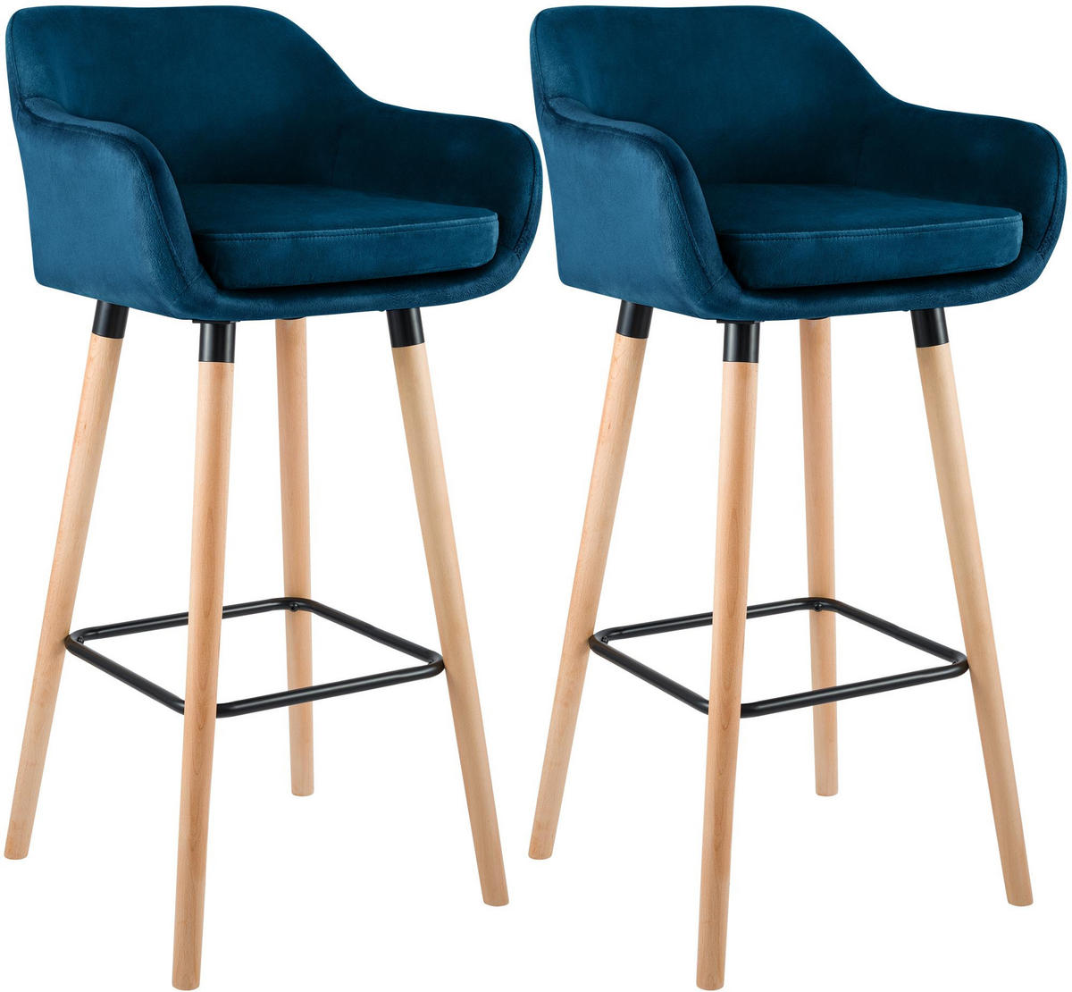 BARHOCKER 2er Set Samt Blau - Blau/Eukalyptusholzfarben, Holz/Textil (55/99/46cm) - CLP