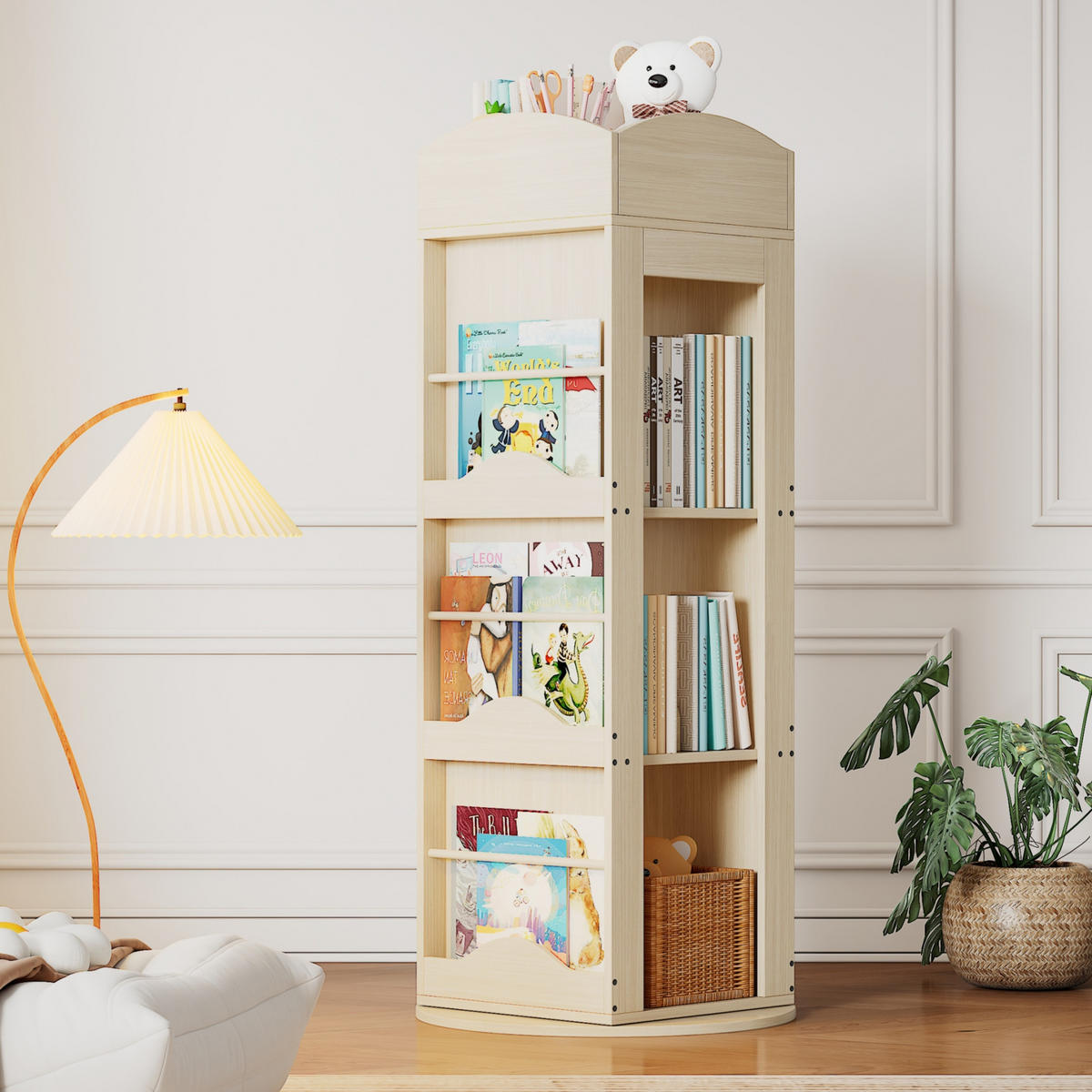 BÜCHERREGAL 142x63x63cm 360-Grad drehbar 4 Böden für Kinder Erwachsene - Naturfarben, Holz (63/142/63cm) - FLIEKS