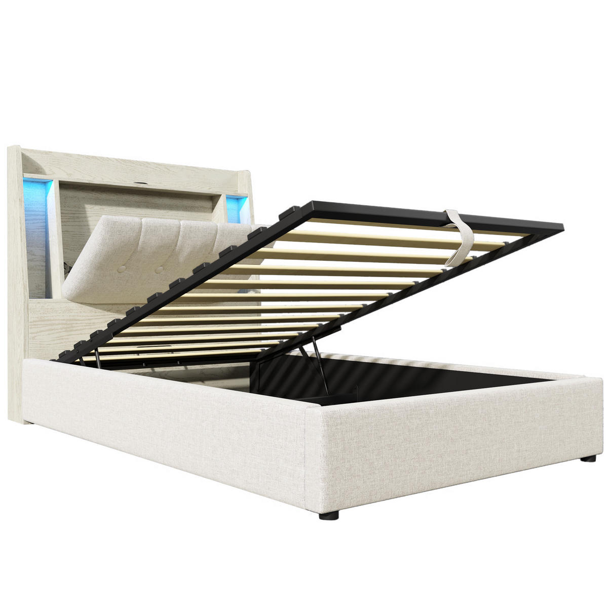 POLSTERBETT 90/200 cm Beige mit USB- und Type-C-Anschlüssen und LED-Beleuchtung - Beige, Textil (90/200cm) - OKWISH