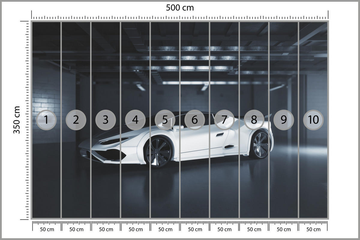 FOTOTAPETA Pre Študentskú Izbu Biele Športové Auto Podzemná Garáž Moderná 500 x 350 cm - čierna/biela, papier (500/350cm) - Muralo