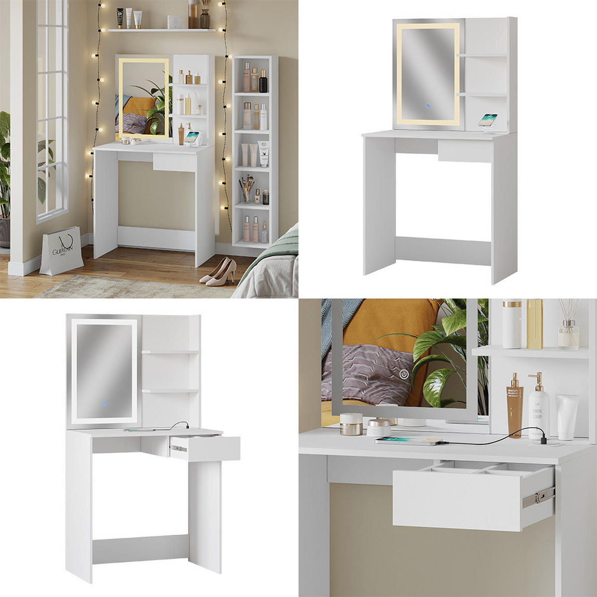 SCHMINKTISCH Dekos Weiß 75 cm mit LED-Spiegel und QI-Ladestation - Weiß, Holzwerkstoff (75/141/40cm) - Vicco