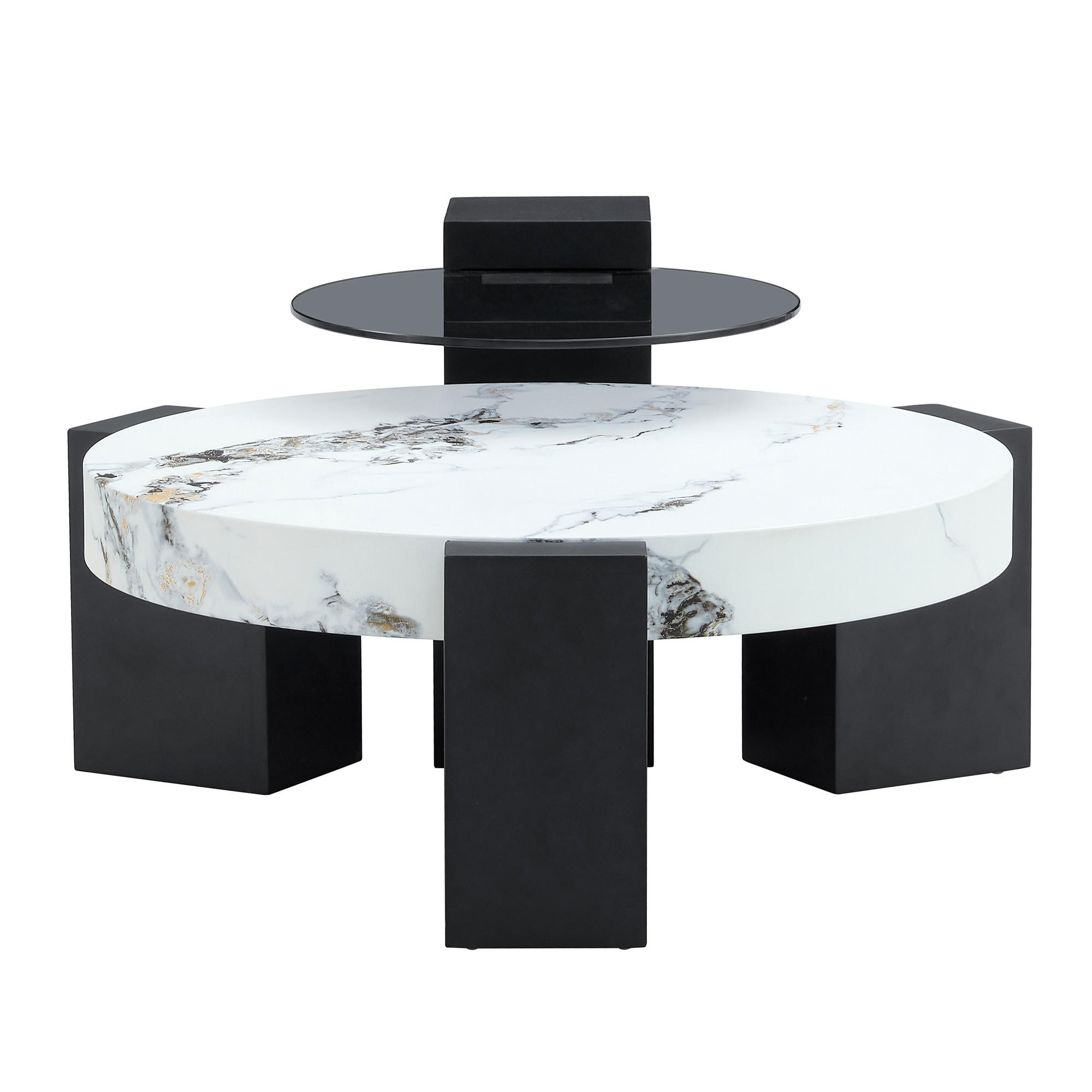COUCHTISCH in Schwarz und Weiß 2er-Set Couchtisch-Kombination mit Glasplatte für Wohnzimmer, B44/T62/H44 cm, Ø61/H30 cm - Schwarz/Weiß, Glas/Holzwerkstoff (61/61/30cm) - STILVORA