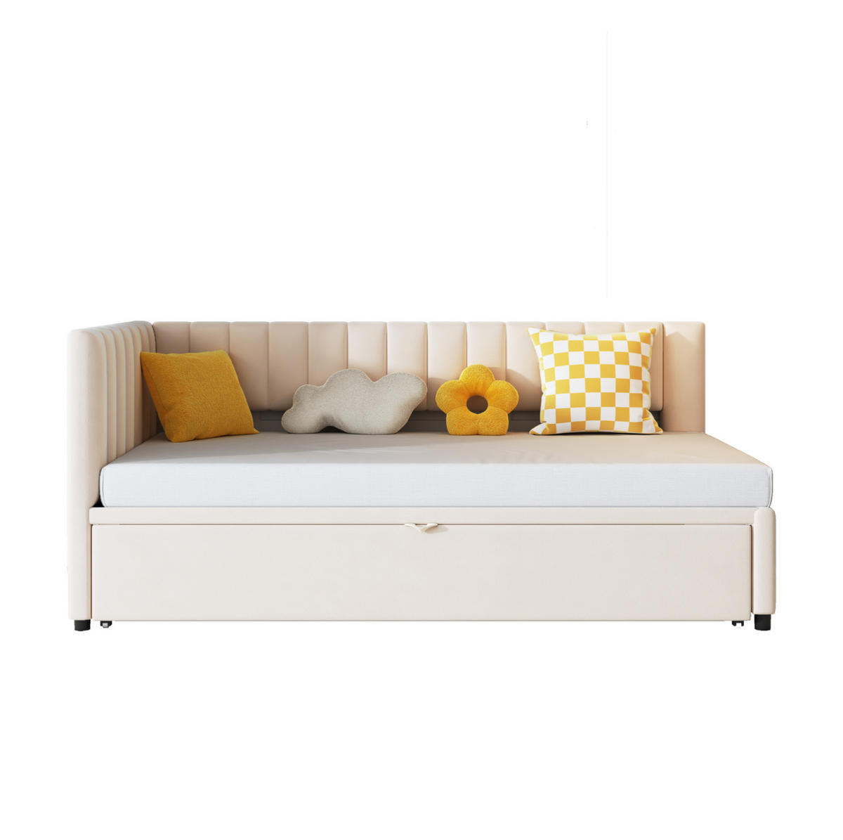 SAMT-POLSTERBETT 90/200 cm Beige mit Ausziehbett und gepolstertem Kopfteil - Beige, Textil (90/180cm) - BEAOK
