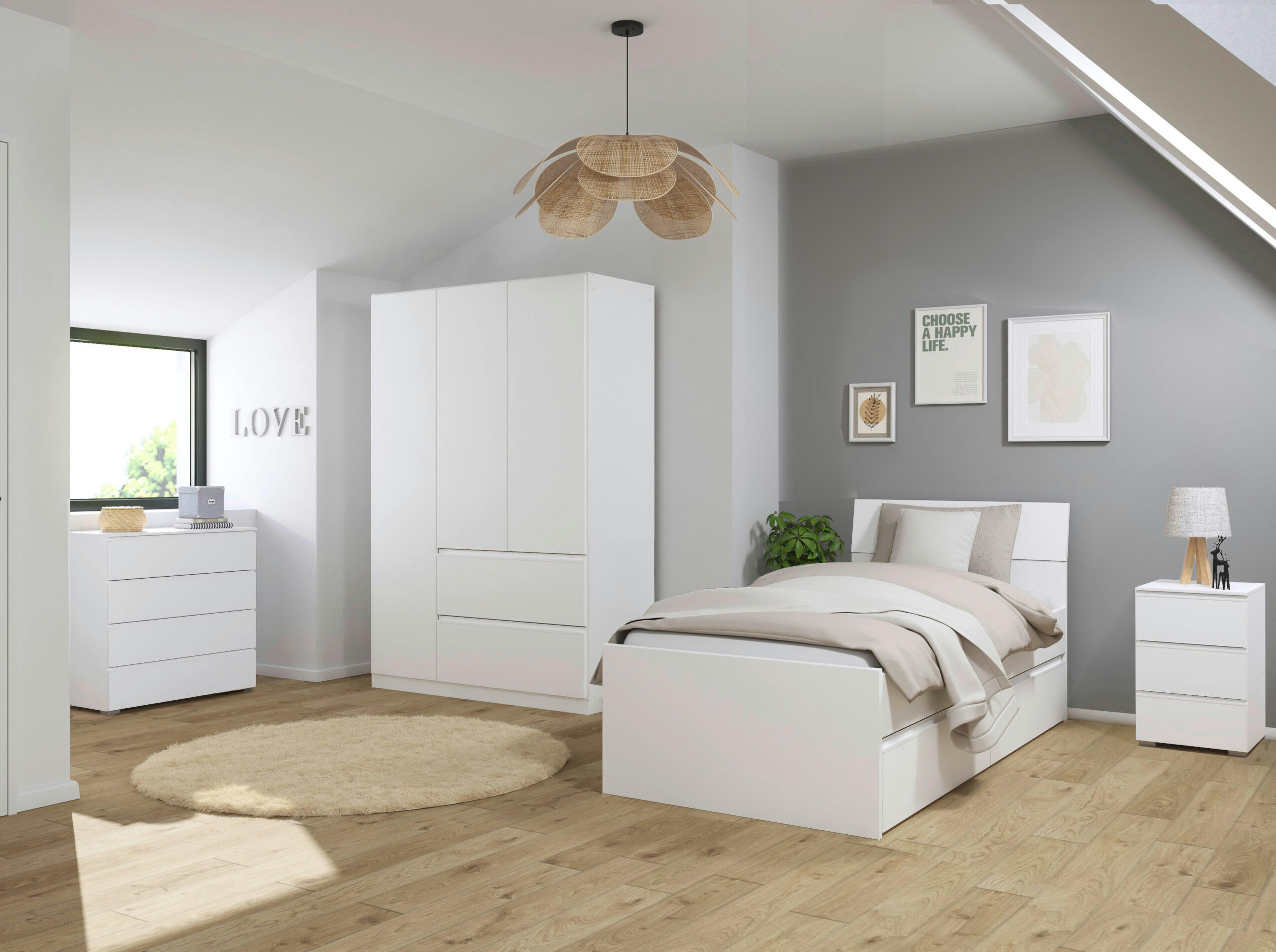 JUGENDZIMMER Joel in Weiß 4 teilig – mit 3türigem Kleiderschrank ohne Spiegel, 90er Jugendbett, Nachttisch und Kommode - Weiß, Holzwerkstoff (80/200/120cm)