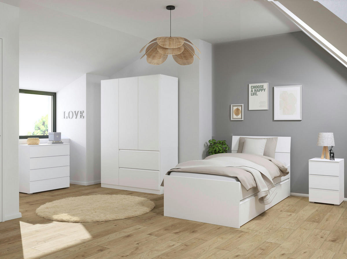 JUGENDZIMMER Joel in Weiß 4 teilig – mit 3türigem Kleiderschrank ohne Spiegel, 90er Jugendbett, Nachttisch und Kommode - Weiß, Holzwerkstoff (80/200/120cm)