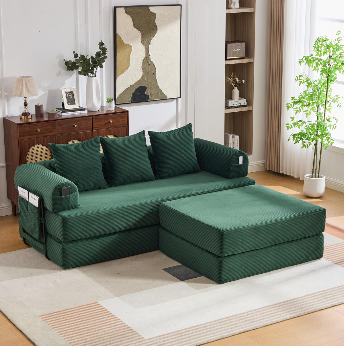 MODULARES Sofa 200/190/67 cm aus Cord mit Hocker und Seitentasche Smaragdgrün - Smaragdgrün, Textil (190/67/200cm) - Modenvie