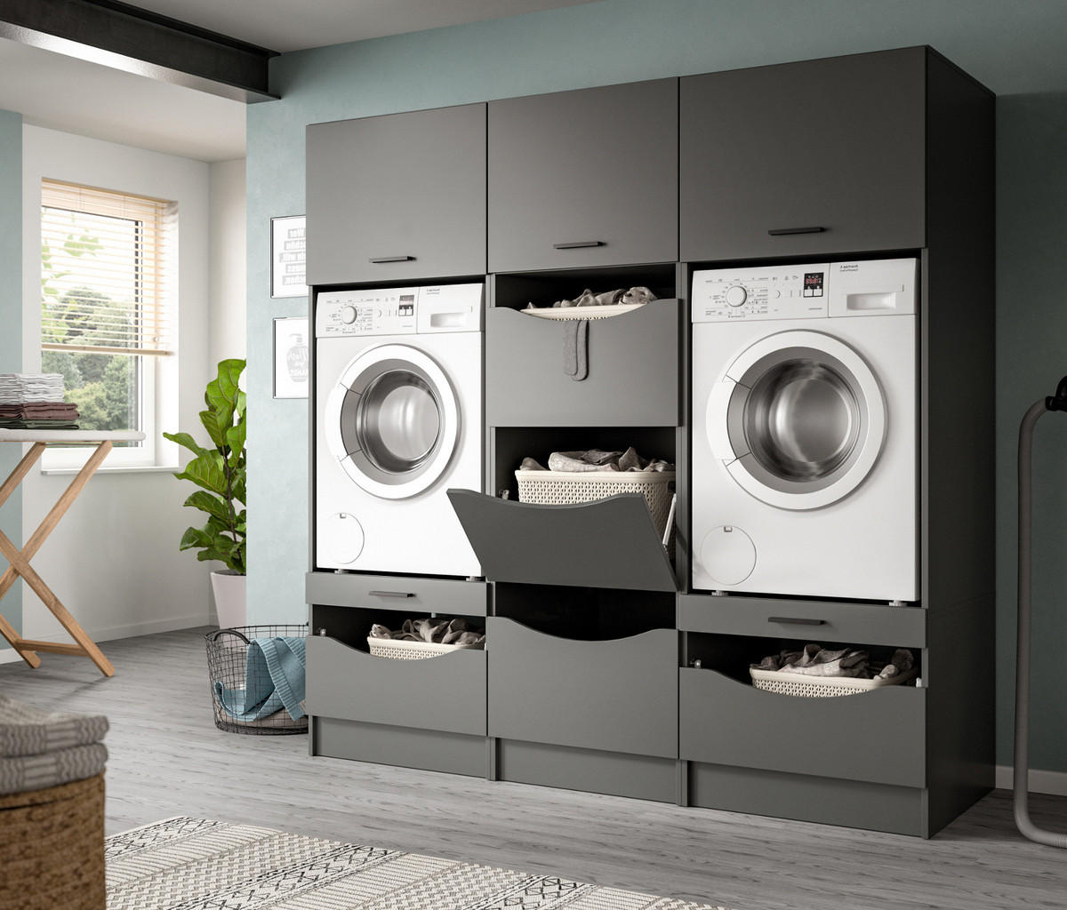 WASCHMASCHINENSCHRANK grau Set 3-teilig 192 cm, Umbau für Waschmaschine und Trockner - Schwarz/Grau, Holzwerkstoff/Kunststoff (192/196/68cm) - Inn.Furn