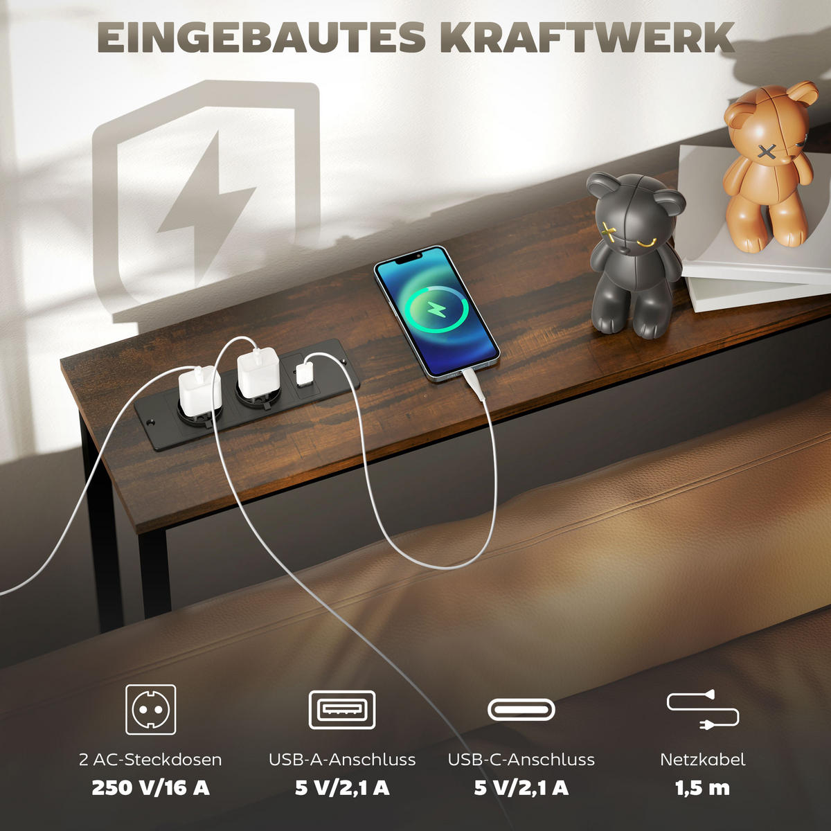 KONSOLENTISCH, Flurtisch mit Integrierte Ladestation, Stahlbeine Rustikal-Braun - Braun, Holzwerkstoff (160/20/80cm) - HOMCOM