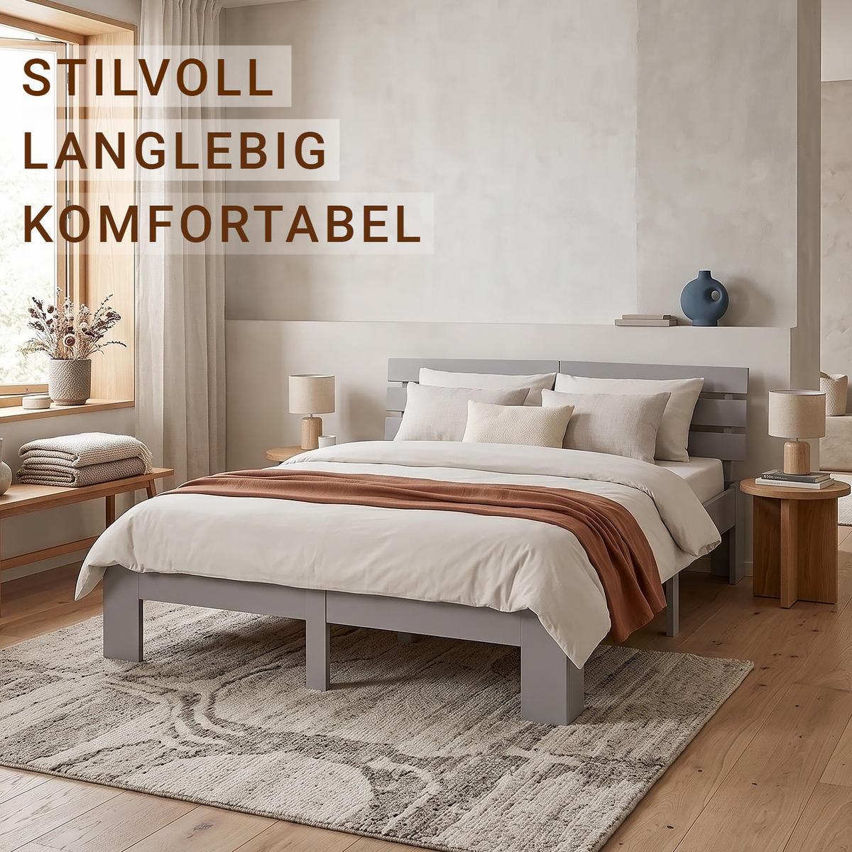 HOLZBETT mit Matratze 160/200 cm Doppelbett Grau - Grau, Holz (160/200cm) - Homestyle4u