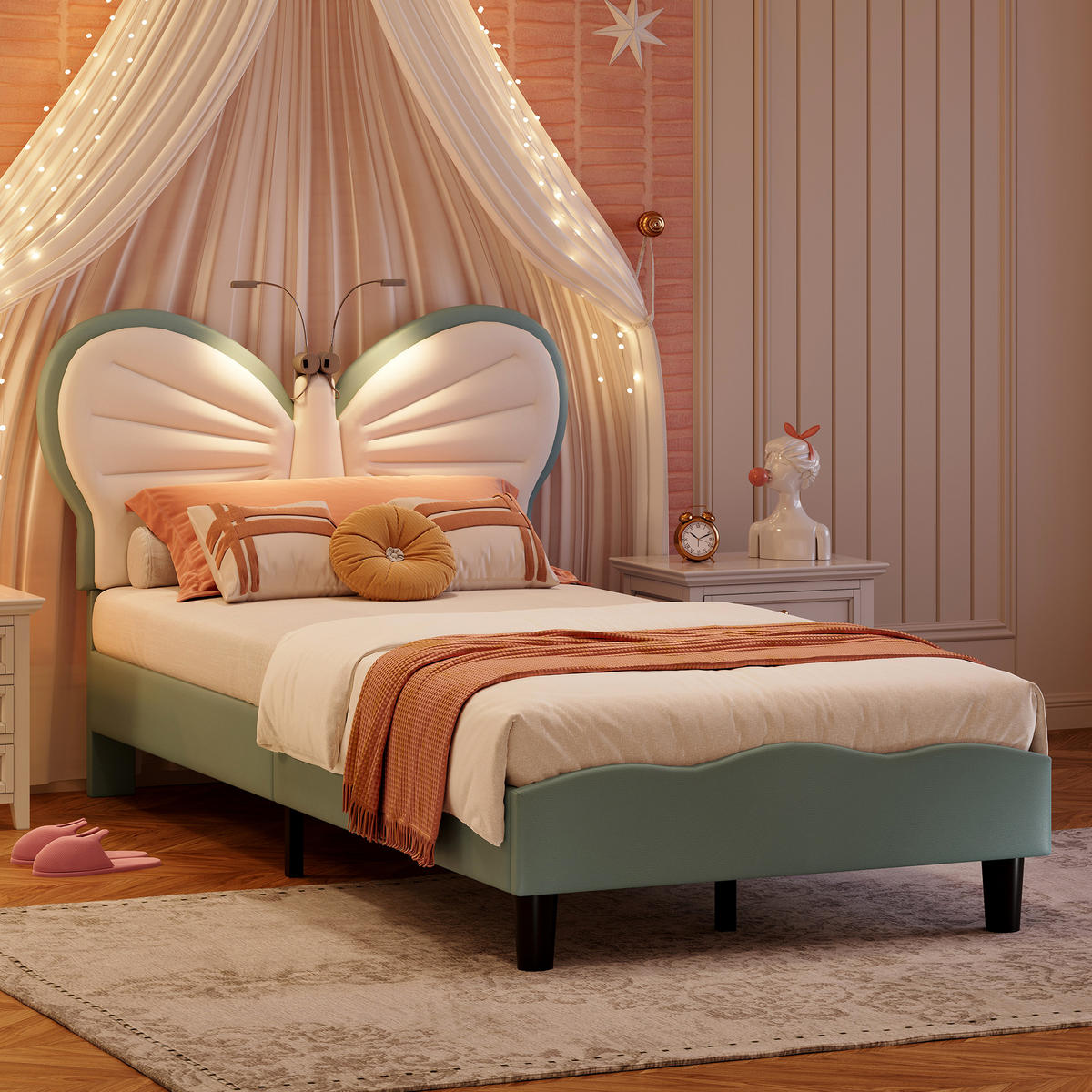 POLSTERBETT 90x200cm Blau Mit LED-Leselampe & Verstellbarem Kopfteil - Blau, Holz (90/200cm)