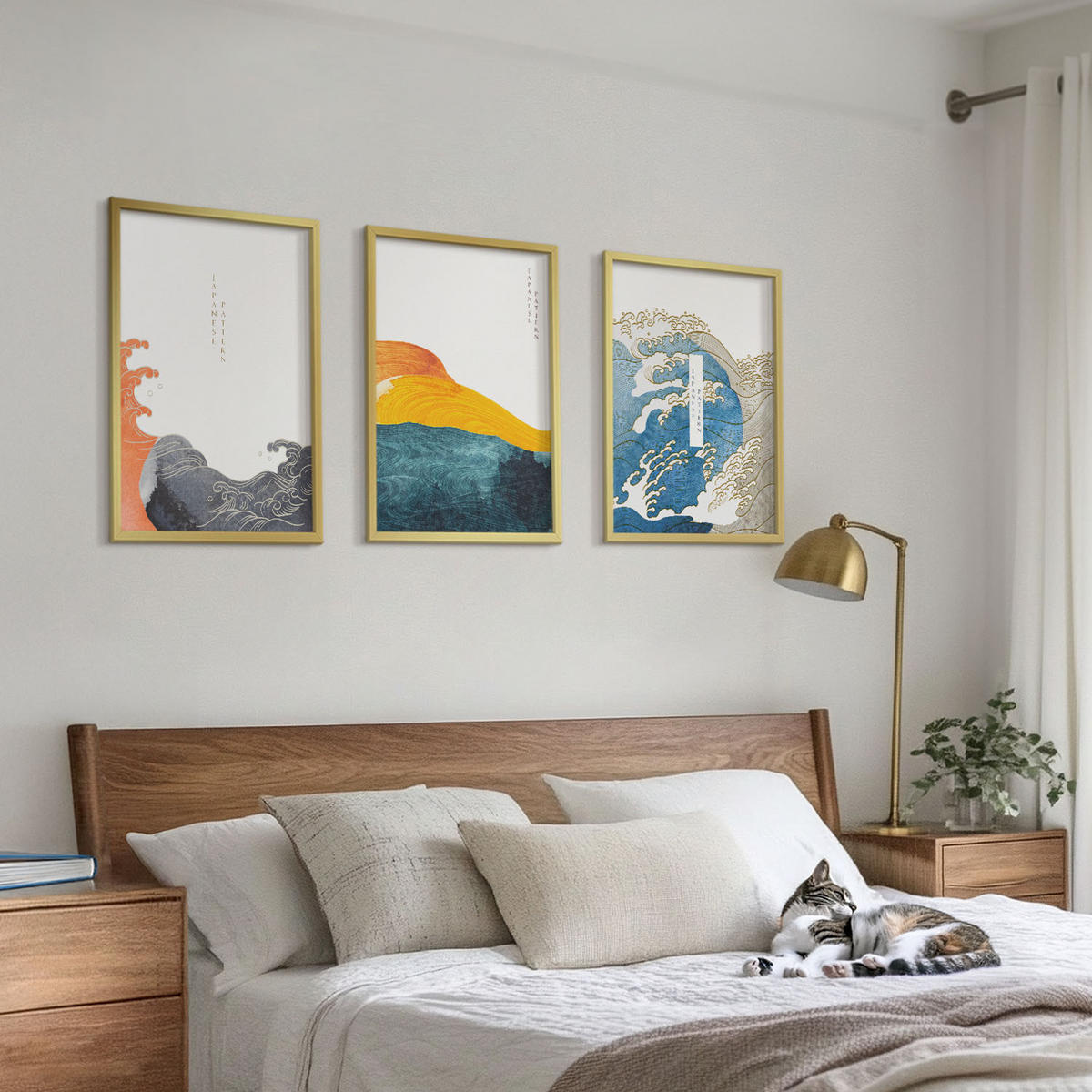BILDER SET 3er Set - 40x60 cm Goldrahmen - Wellen des japanischen Grafikstils - Goldfarben, Kunststoff (40/60cm) - TULUP