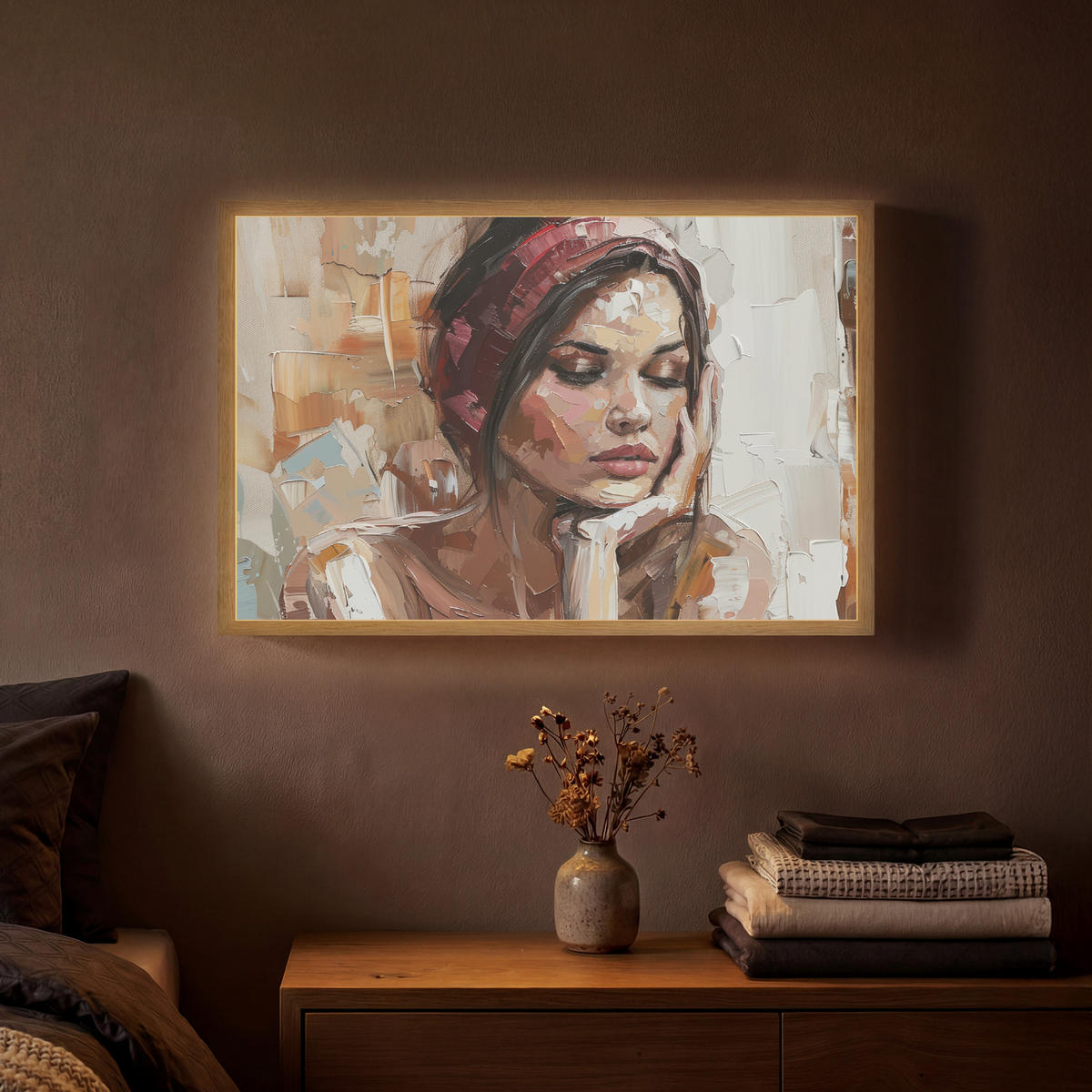 NÁSTĚNNÁ LAMPA S AKUMULÁTOREM Žena - vzhled malby - portrét - moderní 60x40 cm - hnědá, kompozitní dřevo (60/40/8cm) - OnlyWow