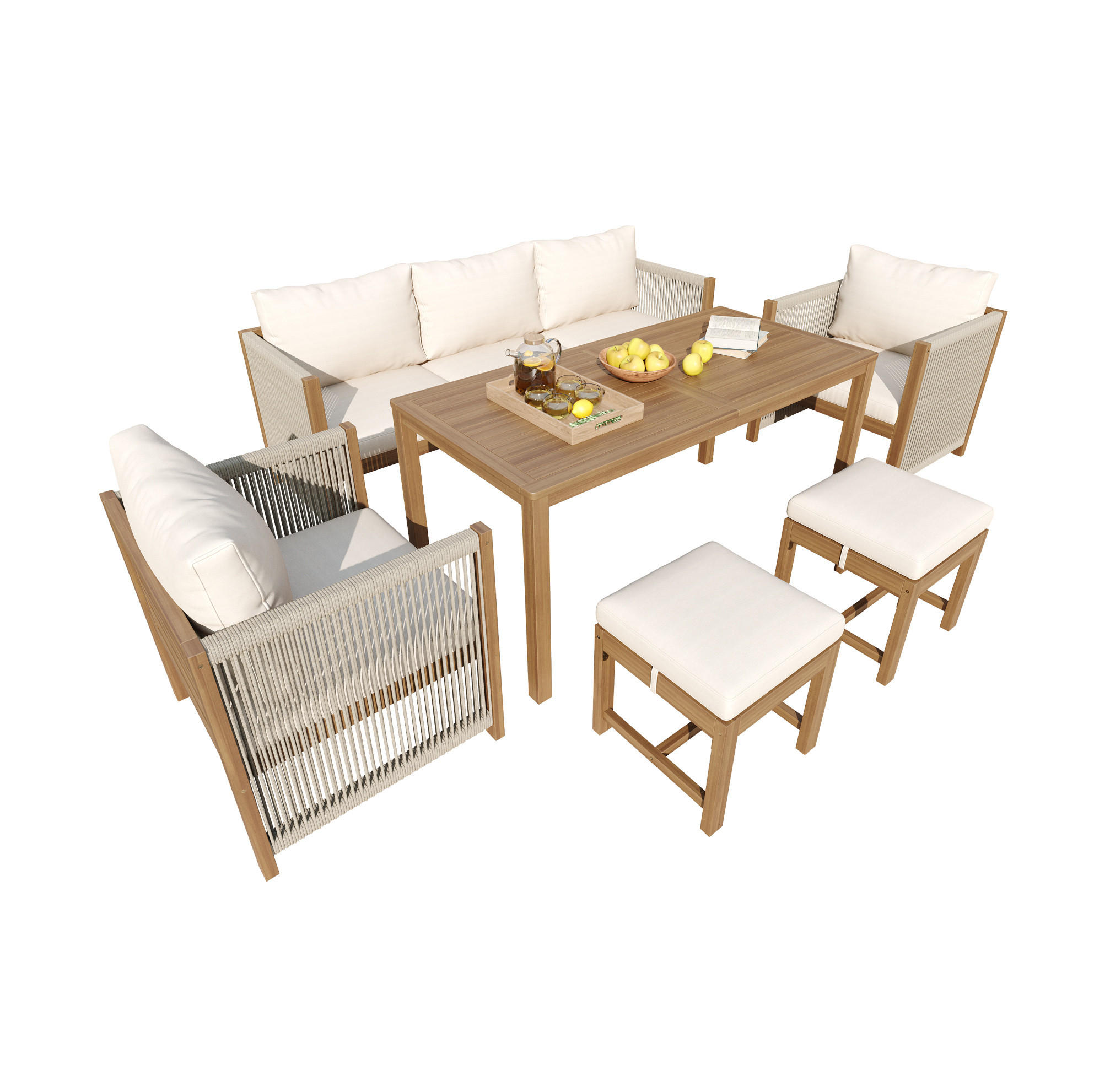 GARTENMÖBEL-SET 195/57/71 cm beige aus Polyester mit Akazienholz-Tischplatte für 7 Personen - Beige, Metall - OKWISH