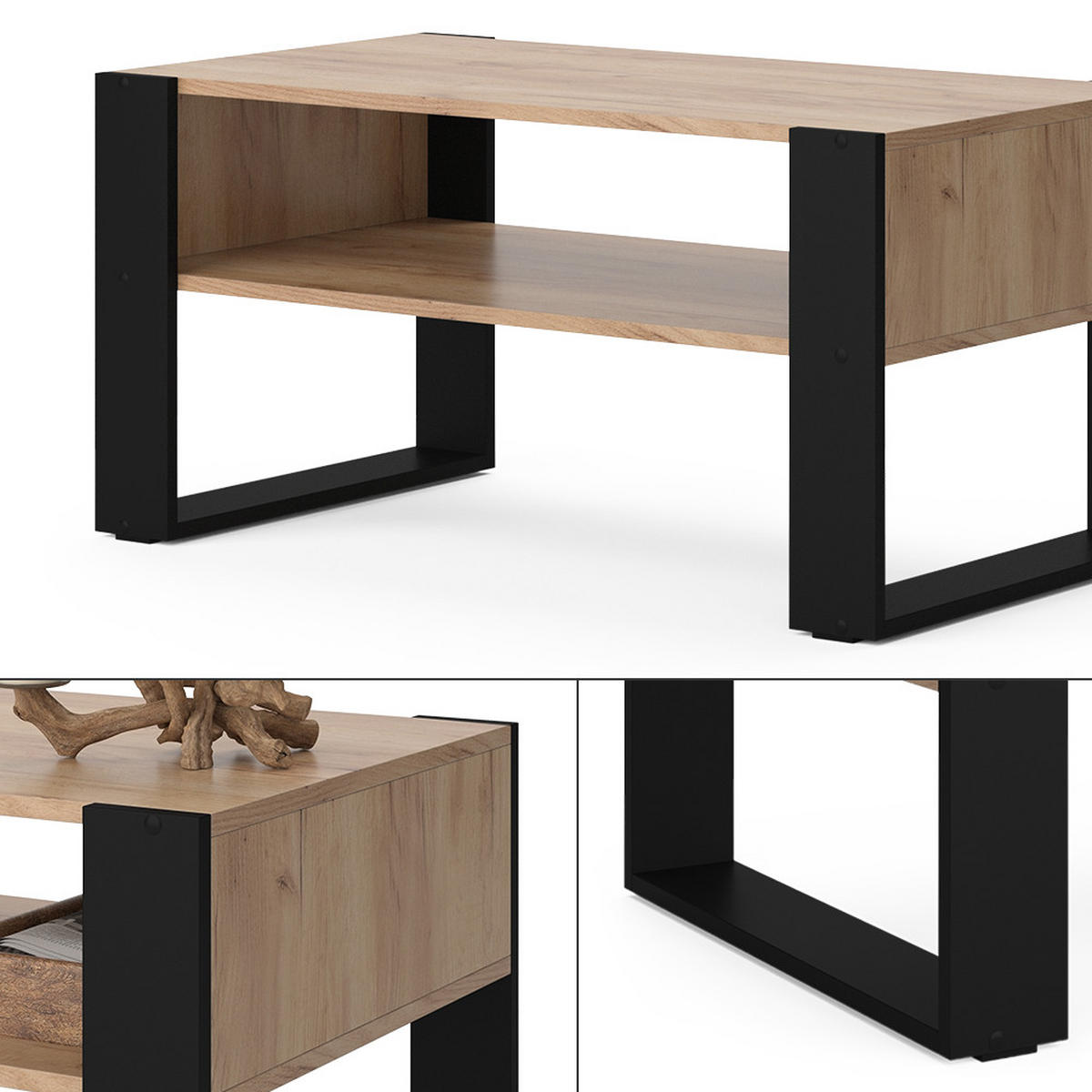 COUCHTISCH Olli Goldkraft Eiche 92 x 52,4 cm mit Ablage - Eiche Wotan/Schwarz, Holzwerkstoff (52.4/92/45.6cm) - Vicco