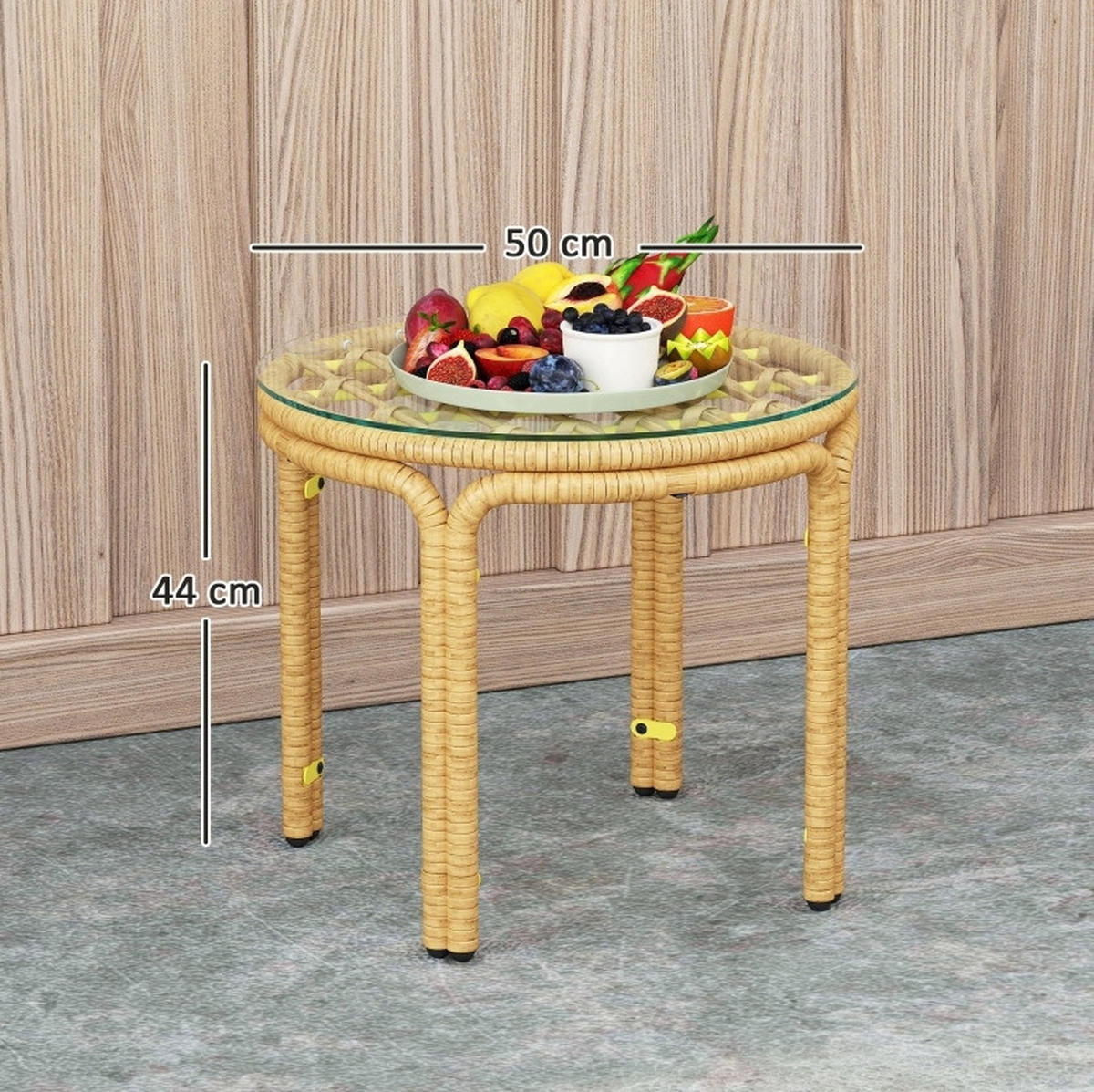 GARTENTISCH aus Rattan Ø50 x 44 cm Gelb mit Sicherheitsglasplatte - Gelb, Glas (50/50/44cm) - Modfu