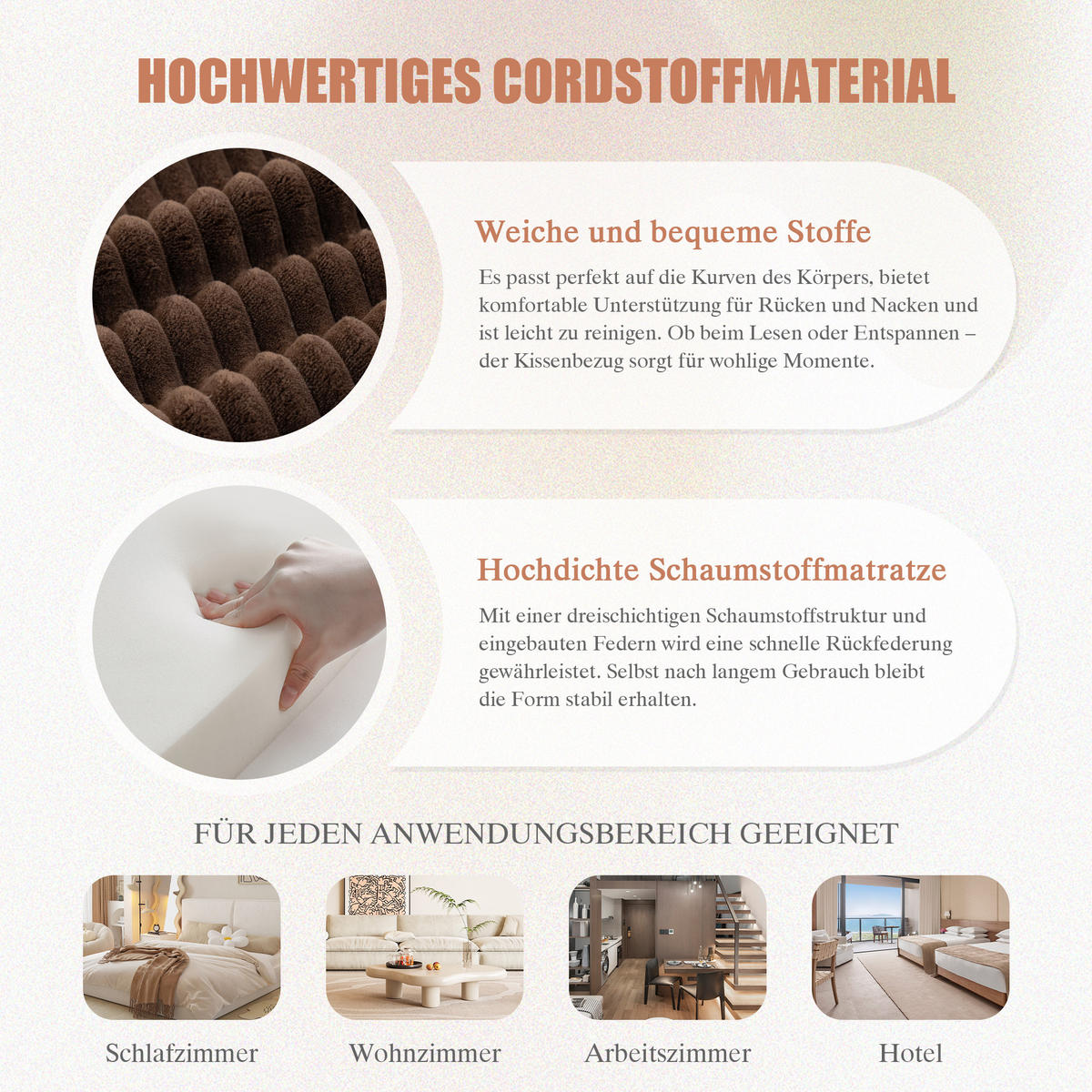 WOHNLANDSCHAFT Cord Braun mit Kissen, Seitentaschen und Hocker - Braun, Textil (335/85/167cm) - WISHDOR