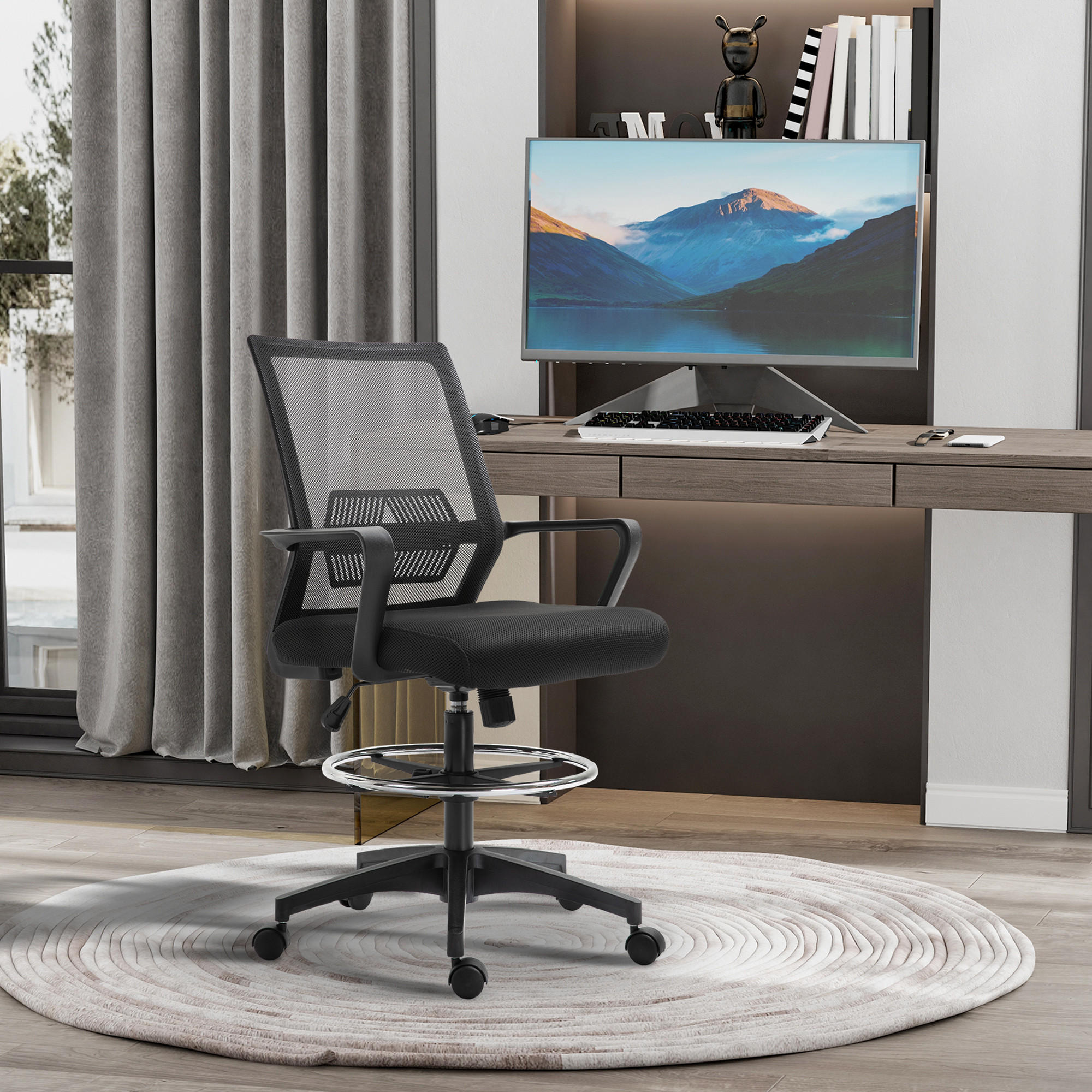 BÜROSTUHL Ergonomischer Schreibtischstuhl verstellbarer Fußring, Wippfunktion - Schwarz, Kunststoff (59/124/64cm) - Vinsetto