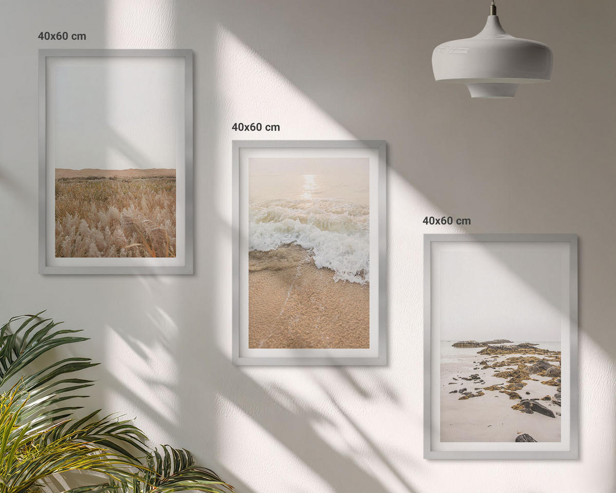 WANDBILDER 3er Set - 40x60 cm Silberner Rahmen - Strandwellen, Steine, Sommer - Silberfarben, Kunststoff (40/60cm) - ArtPrintCave