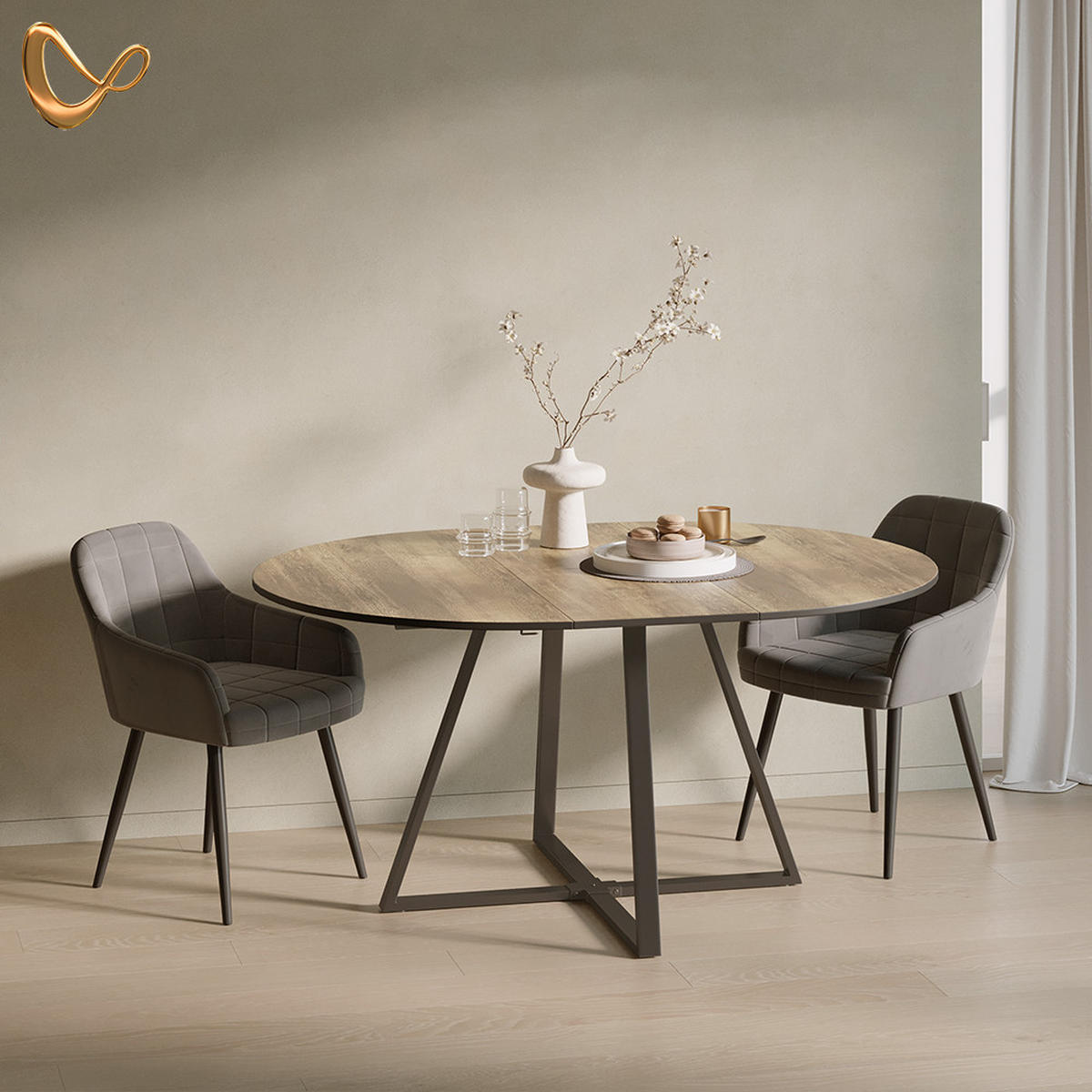 ESSTISCH Firenze Eiche rustikal/Schwarz 120 x 120 cm ausziehbar - Wildeiche/Schwarz, Holzwerkstoff (120/120/75.8cm) - Livinity®