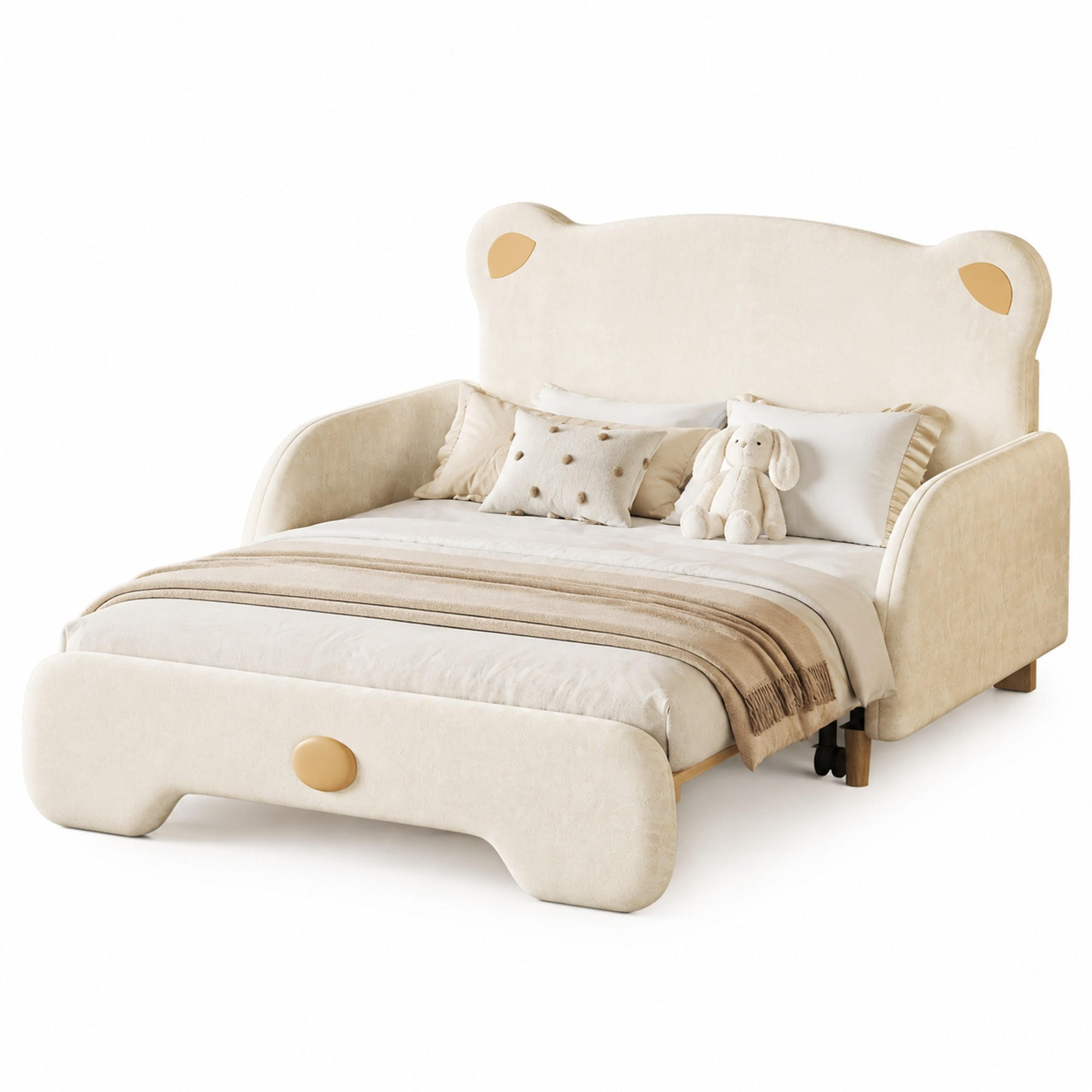 POLSTERBETT 140/200 cm & 140/105 cm in Beige Samt mit Ausziehbett und Matratze im Bärendesign - Beige, Holz/Textil (140/200cm) - CHICFURN