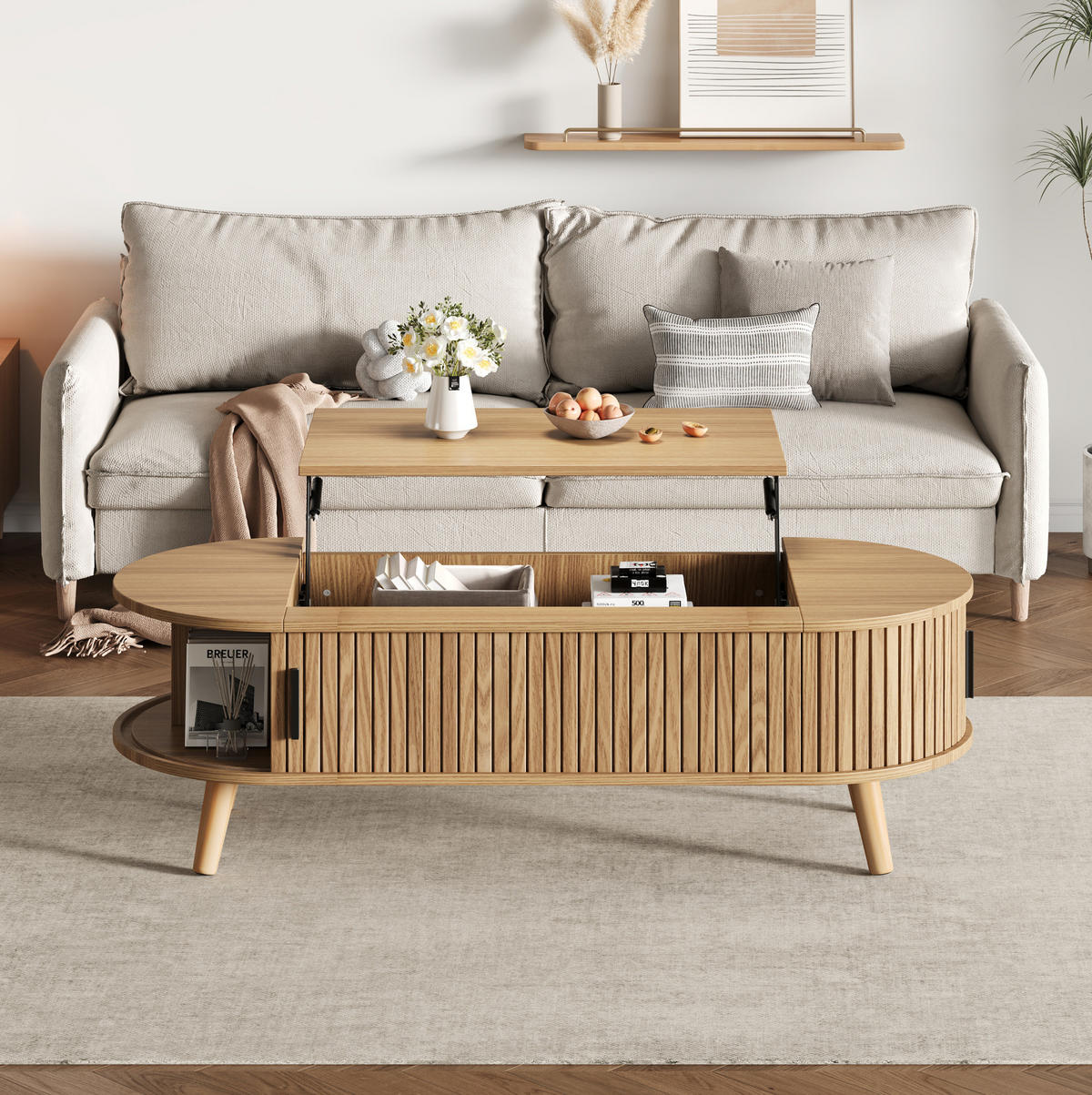COUCHTISCH 120/50/39,5 cm höhenverstellbar mit verstecktem Stauraum und Rolltüren aus MDF, Natur - Naturfarben, Holzwerkstoff (120/50/39.5cm) - Modfu