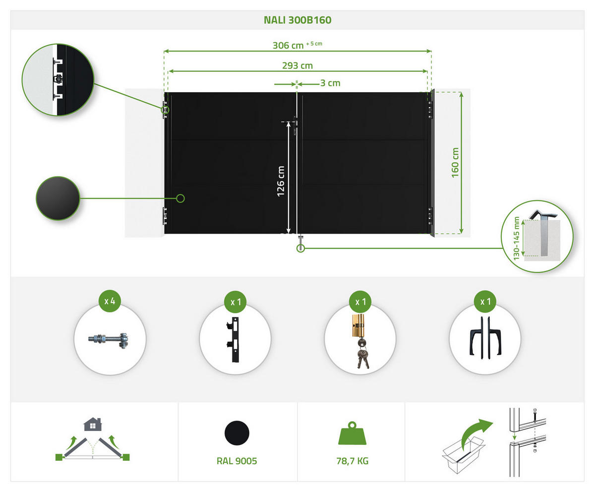 STAHLFLÜGELTOR Nali Mattschwarz 3m H.160cm - Schwarz, Metall (293/160cm) - Casanoov