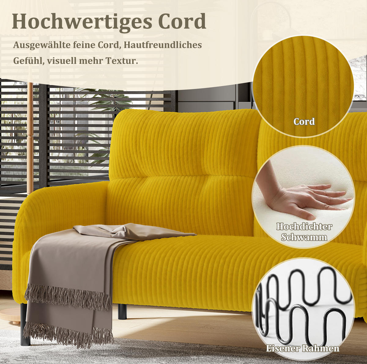 SOFA 2-Sitzer Cord 120 x 75 x 79 cm Gelb - Gelb, Holzwerkstoff (120/79/75cm) - Meubliv