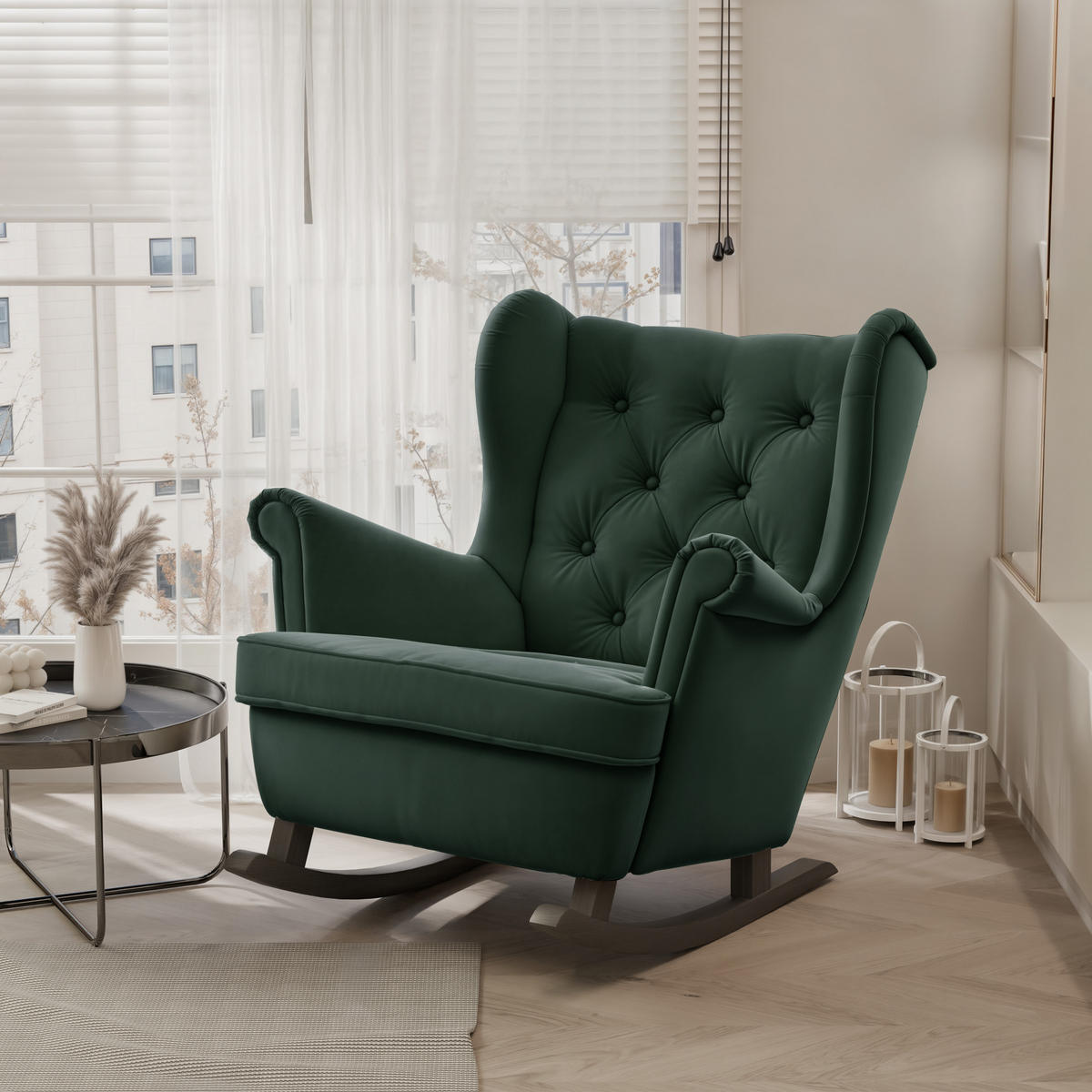 SCHAUKELSESSEL SCANDI Holzfüße, Samt Grün - Grün, Holz/Textil (75/97/60cm) - Idohome