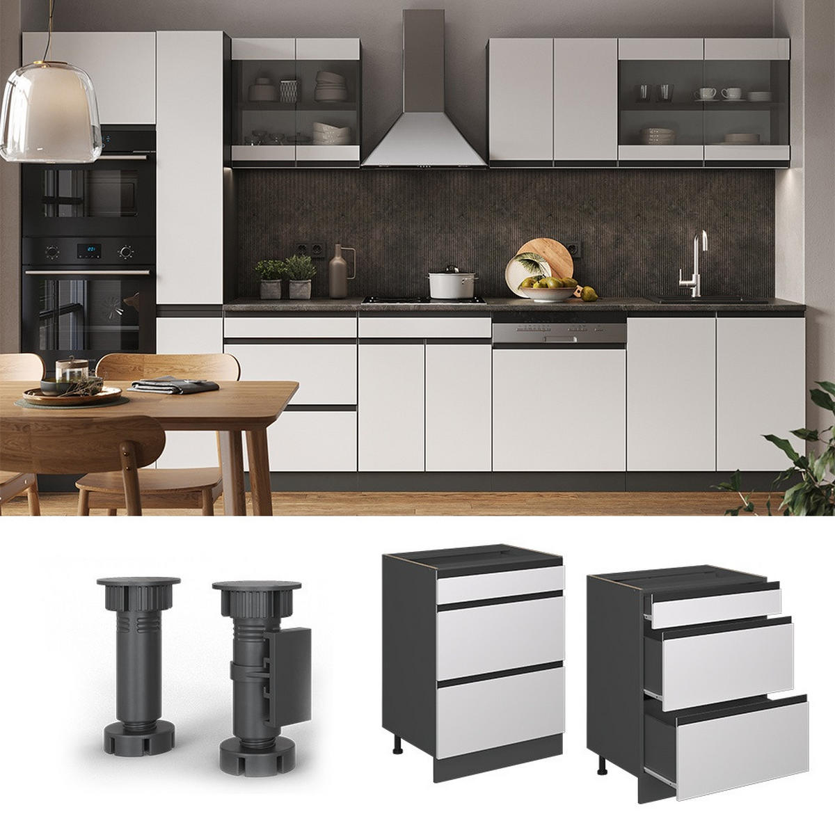 KÜCHENUNTERSCHRANK R-Line Weiß 60 cm J-Shape mit Schubladen, AP Eiche - Anthrazit/Weiß, Holzwerkstoff (60/81.6/60cm) - Vicco
