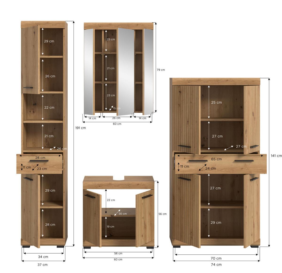 BADMÖBEL-SET Eiche Artisan 4-teilig 200 x 191 cm, Badkombination in modernem Design - Schwarz/Eiche Artisan, Glas/Holzwerkstoff (201/191/34cm) - Inn.Furn