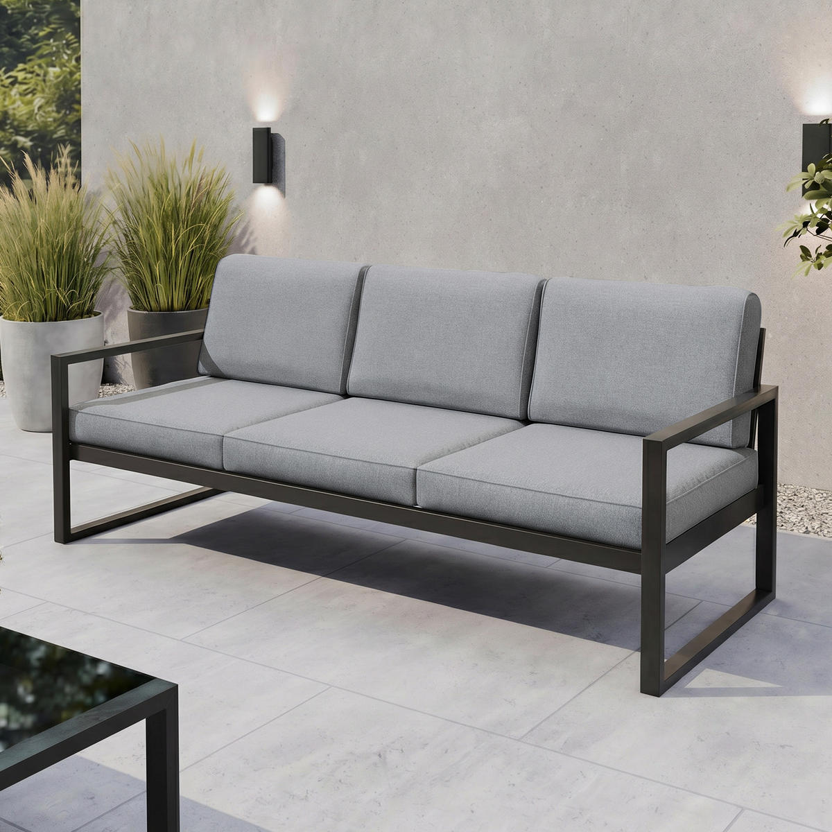 LOUNGESOFA Stella 3-Sitzer mit Metallrahmen, 216 cm, Hellgrau - Hellgrau/Schwarz, Metall (216/86/80cm) - Beautysofa