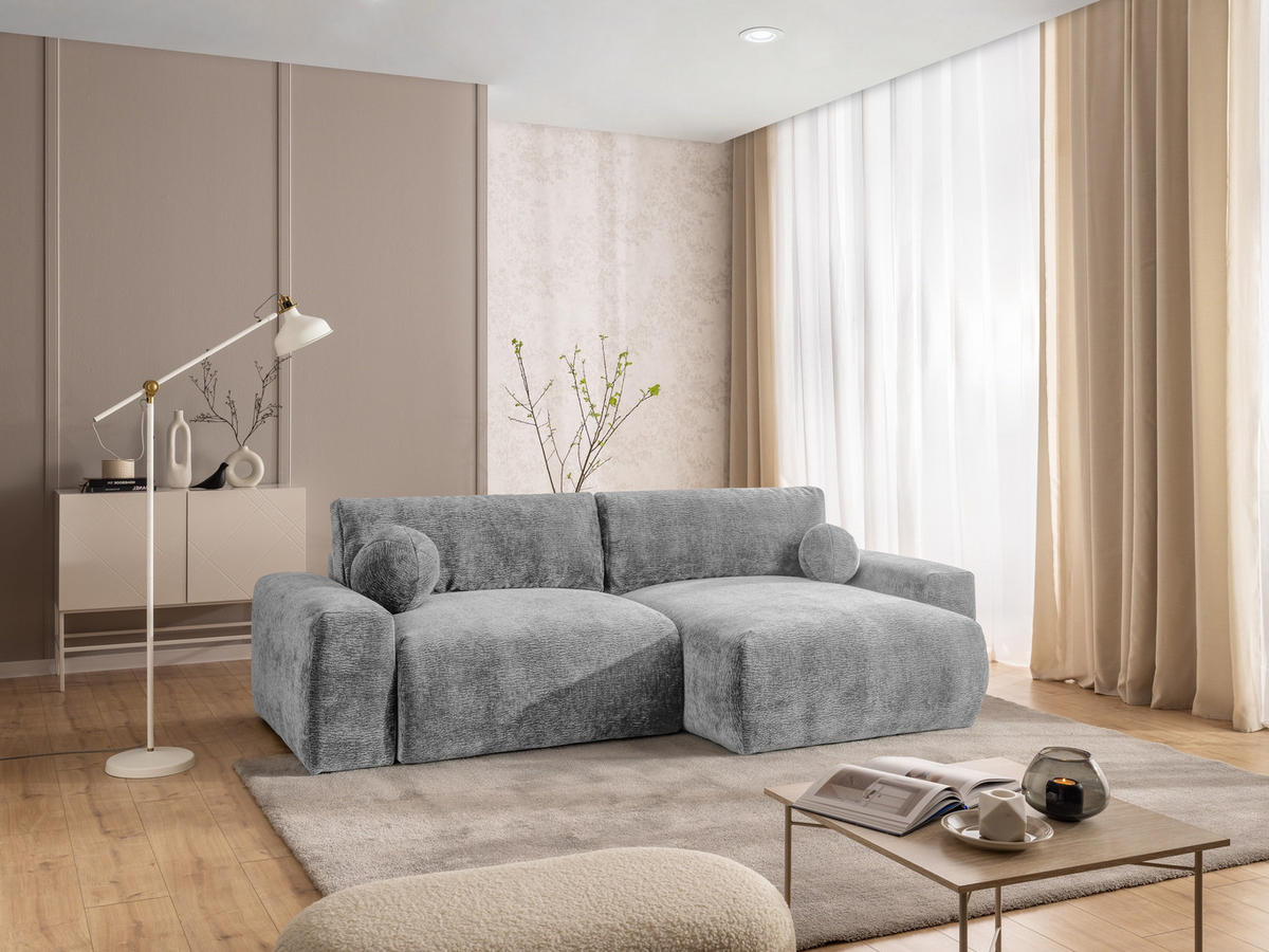 ECKSOFA Puffy mit Schlaffunktion und Bettkasten - besonders weich und puffig aus Hellgrau Stoff mit Chenillestruktur - Ottomane rechts - Hellgrau/Schwarz, Holz/Kunststoff (266/138cm) - S-Style Möbel
