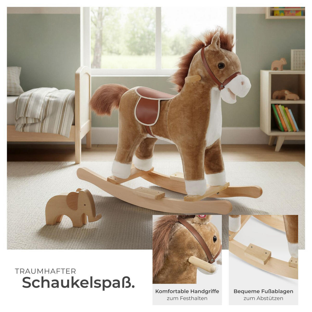 SCHAUKELPFERD ,massive Holzkufen, ab 24 Monaten geeignet,braun - Braun, Textil (31/61/65cm) - tectake