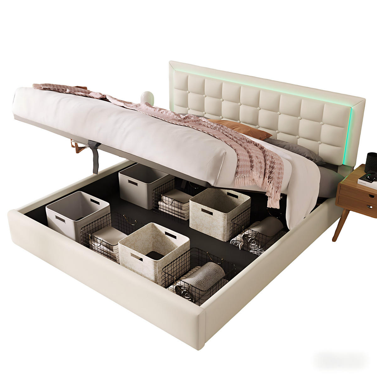 POLSTERBETT 140/200 cm Weiß mit Matratze Stauraum und LED-Beleuchtung - Weiß, Kunststoff (140/200cm) - OKWISH