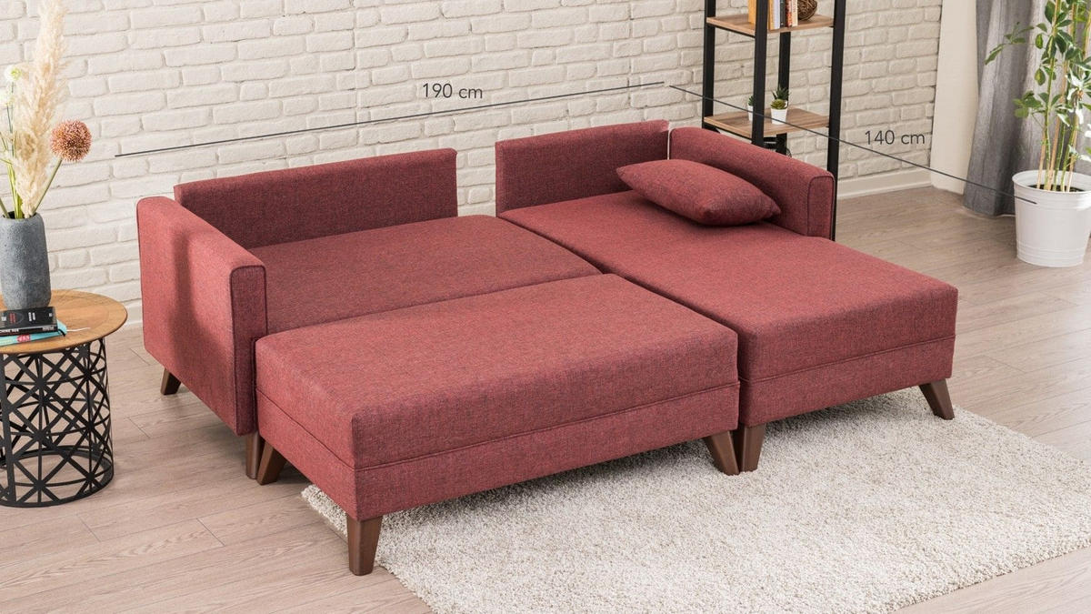 ECKSOFA mit Hocker als Schlaffläche, perfekt für kleine Räume - Rot/Braun, Holz/Kunststoff (140/205cm) - myHomelando