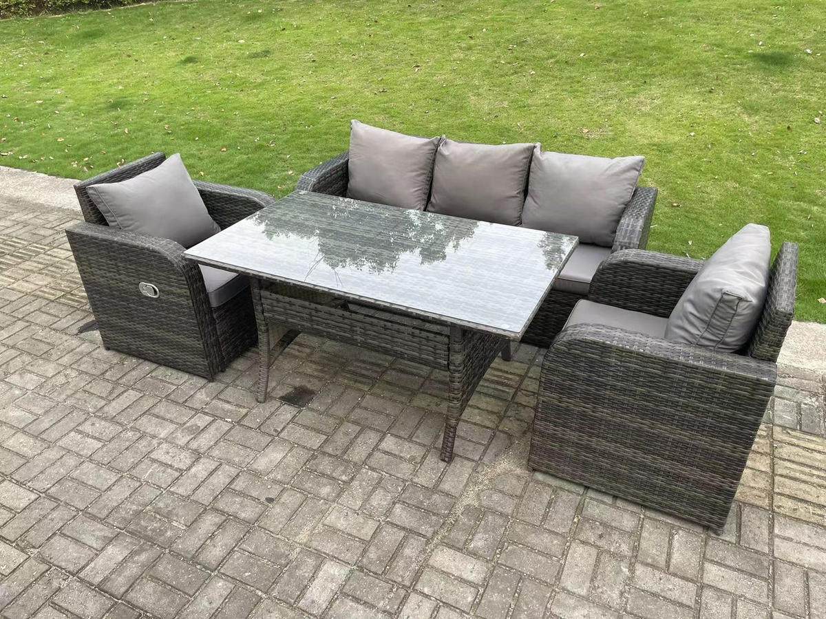 GARTENMÖBELGARNITUR mit Esstisch Polyrattan Dunkelgrau 5-Sitzer - Dunkelgrau/Grau, Glas/Kunststoff - Fimous