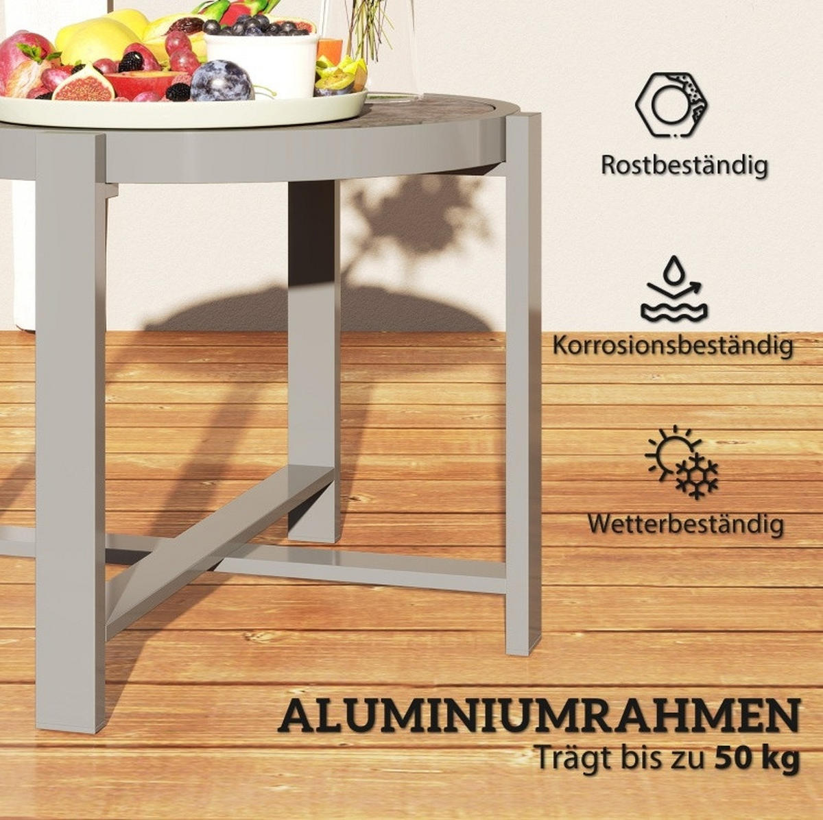 BALKONTISCH 60/60/46 cm wetterfest mit 5 mm Hartglasplatte und Aluminiumgestell, Grau - Naturfarben, Metall (60/60/46cm) - Redom