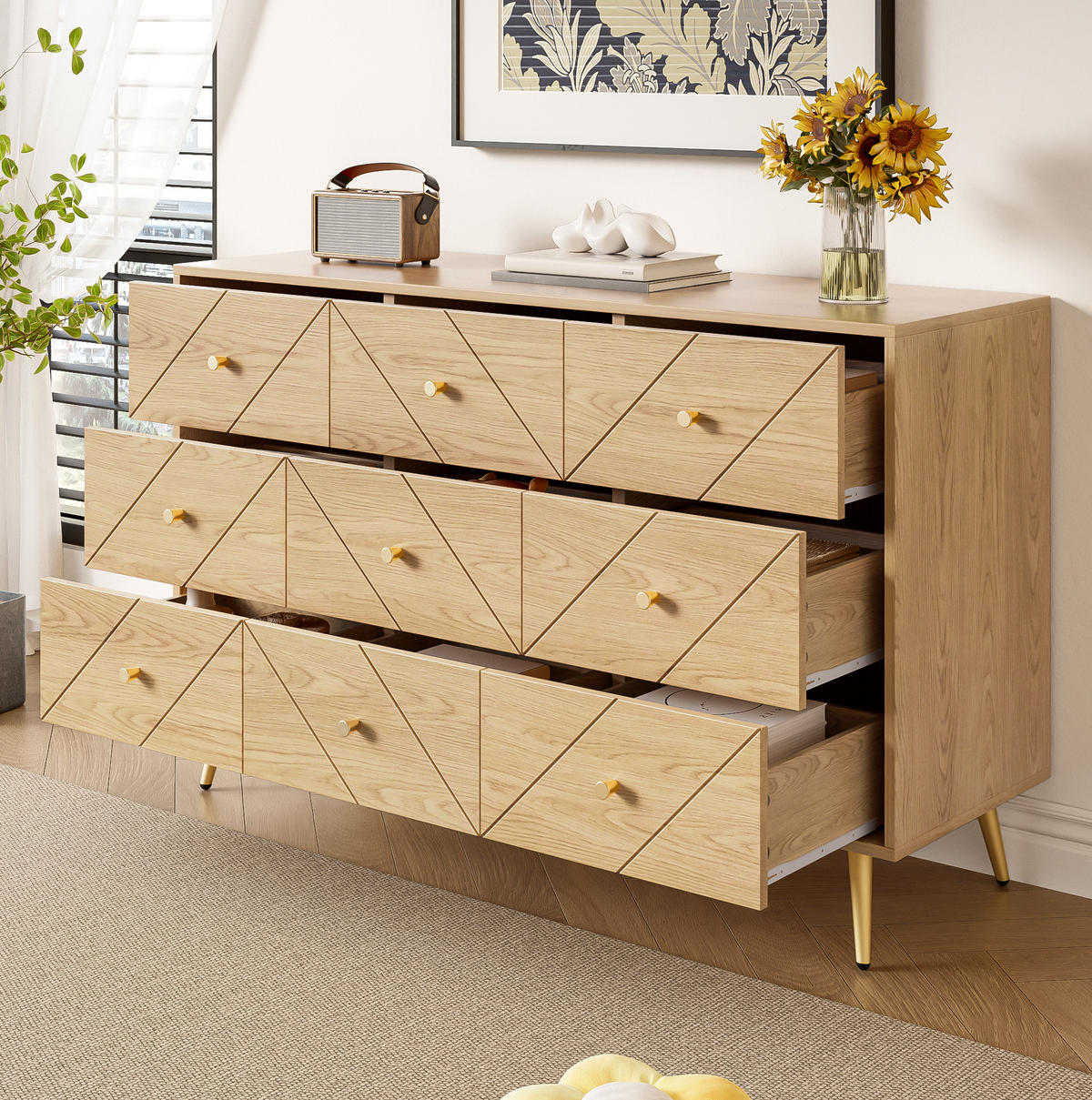 KOMMODE, 9 Schubladen, PB mit Eisenbeinen, geometrische Fronten, 120x39x80 cm, Natur - Naturfarben, Holzwerkstoff (39/80/120cm) - Modfu