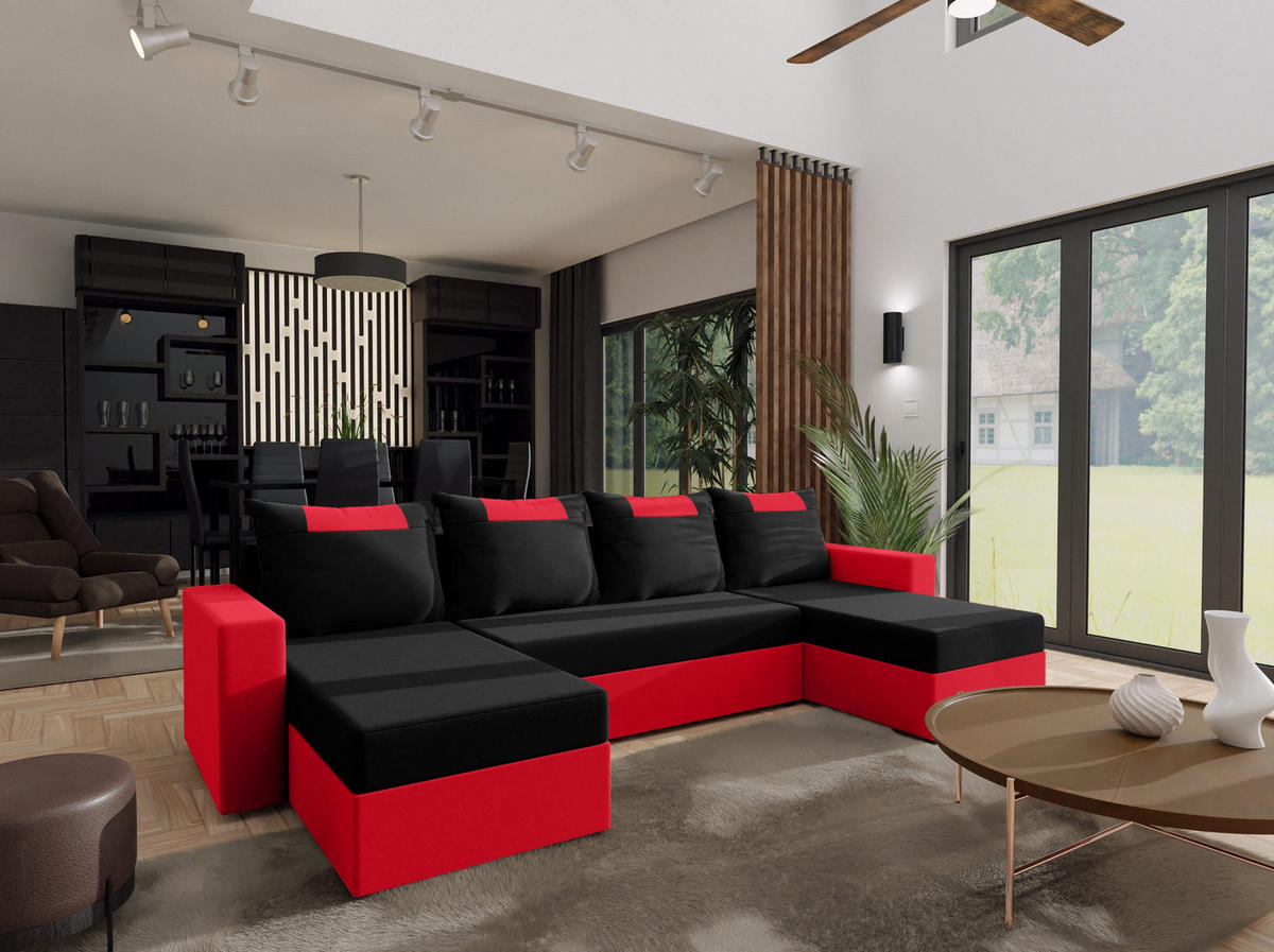 WOHNLANDSCHAFT mit Schlaffunktion Radlach, Schwarz+Rot - Rot, Textil (298/85/207cm) - Fedve