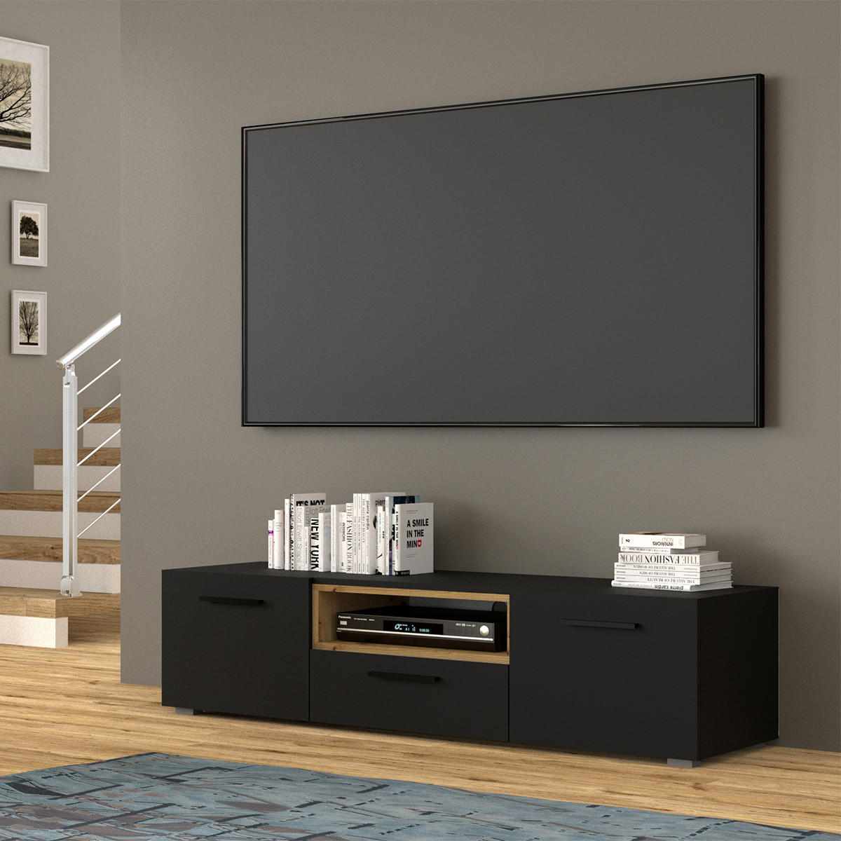 TV-MÖBEL Ania Schwarz und Holz - Schwarz, Holzwerkstoff (151/37/43cm) - Petits-meubles